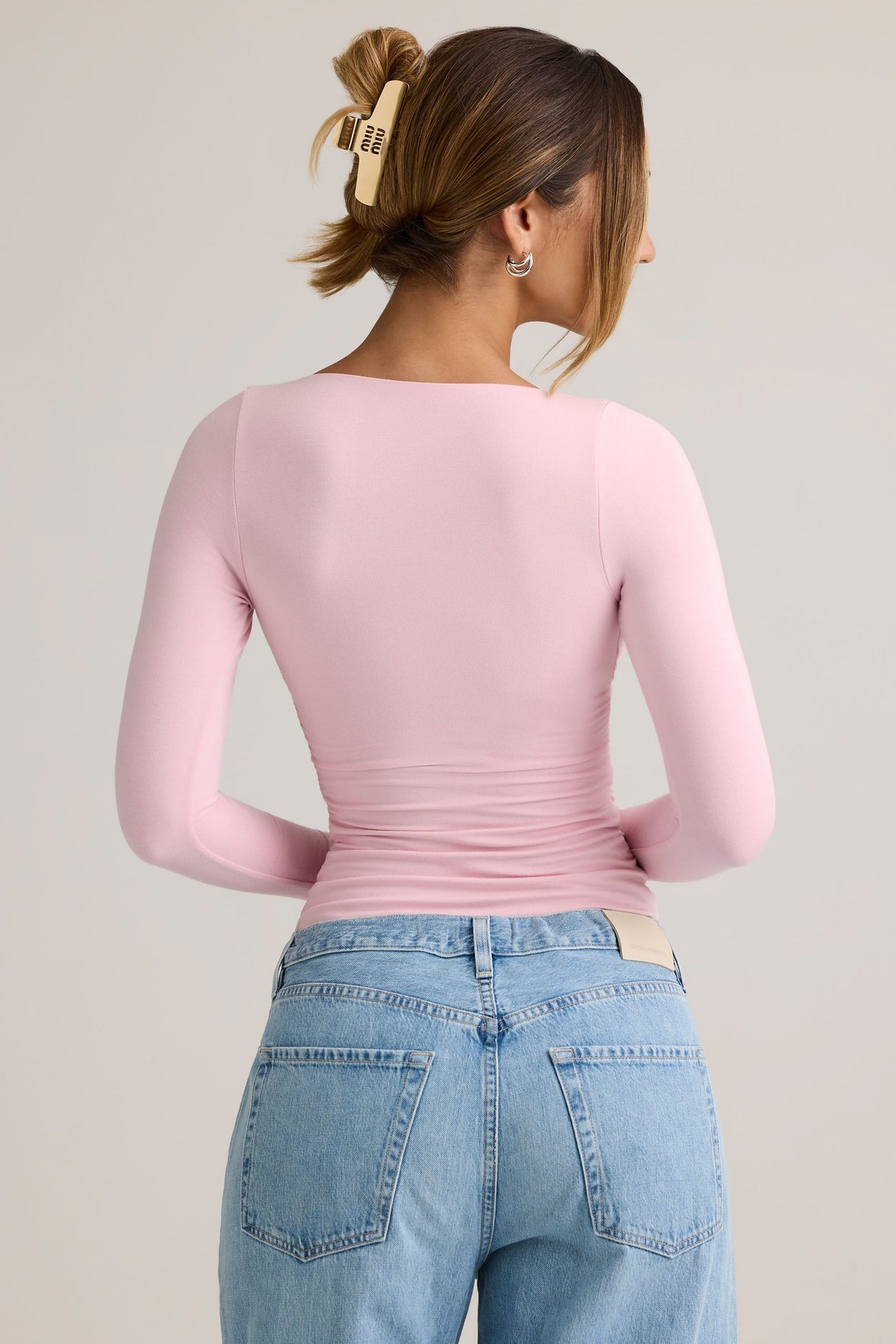 Modal Ruched Long-Sleeve Top in Baby Pink - 3