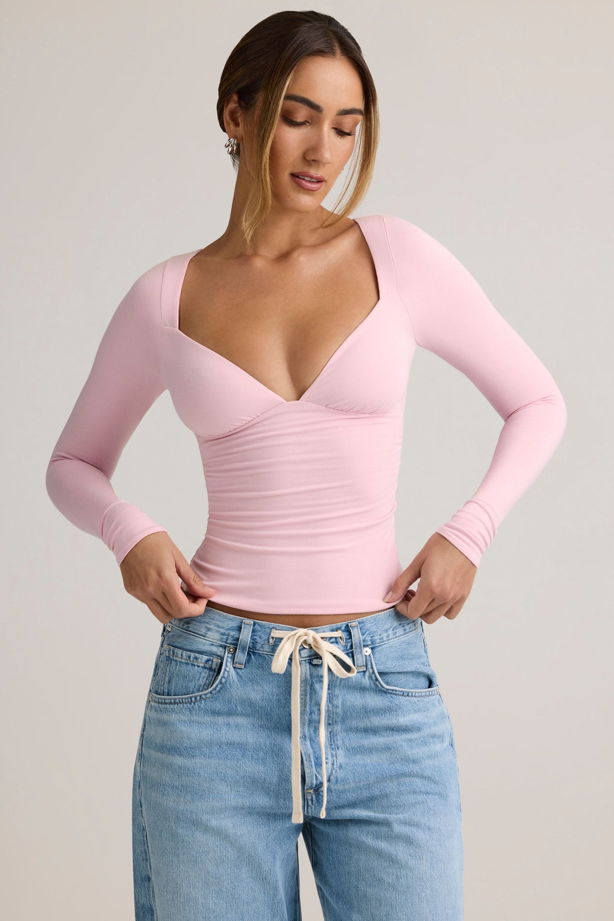Modal Ruched Long-Sleeve Top in Baby Pink - 6