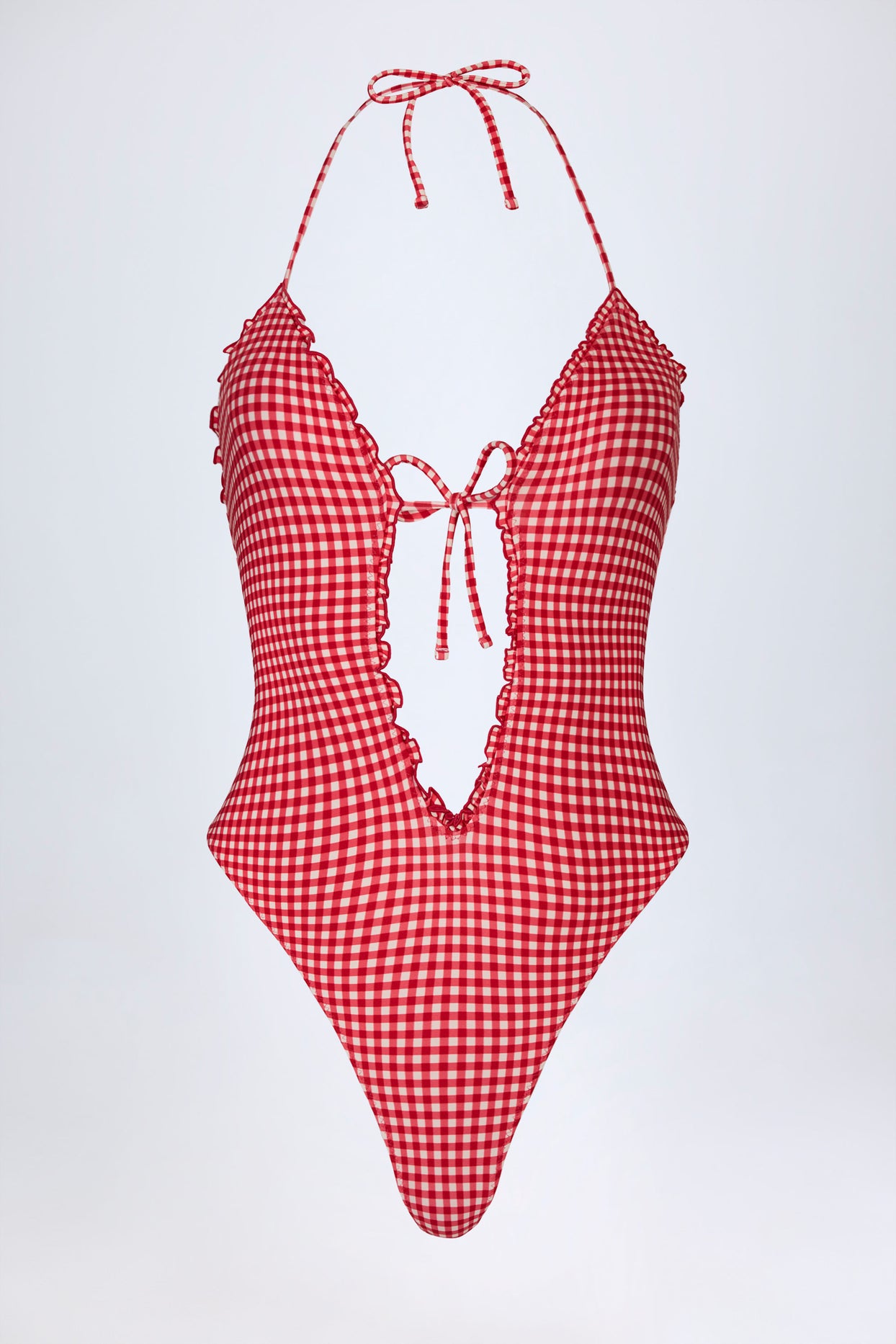 Ruffled Cut-Out Halterneck Swimsuit in Red Gingham - 4