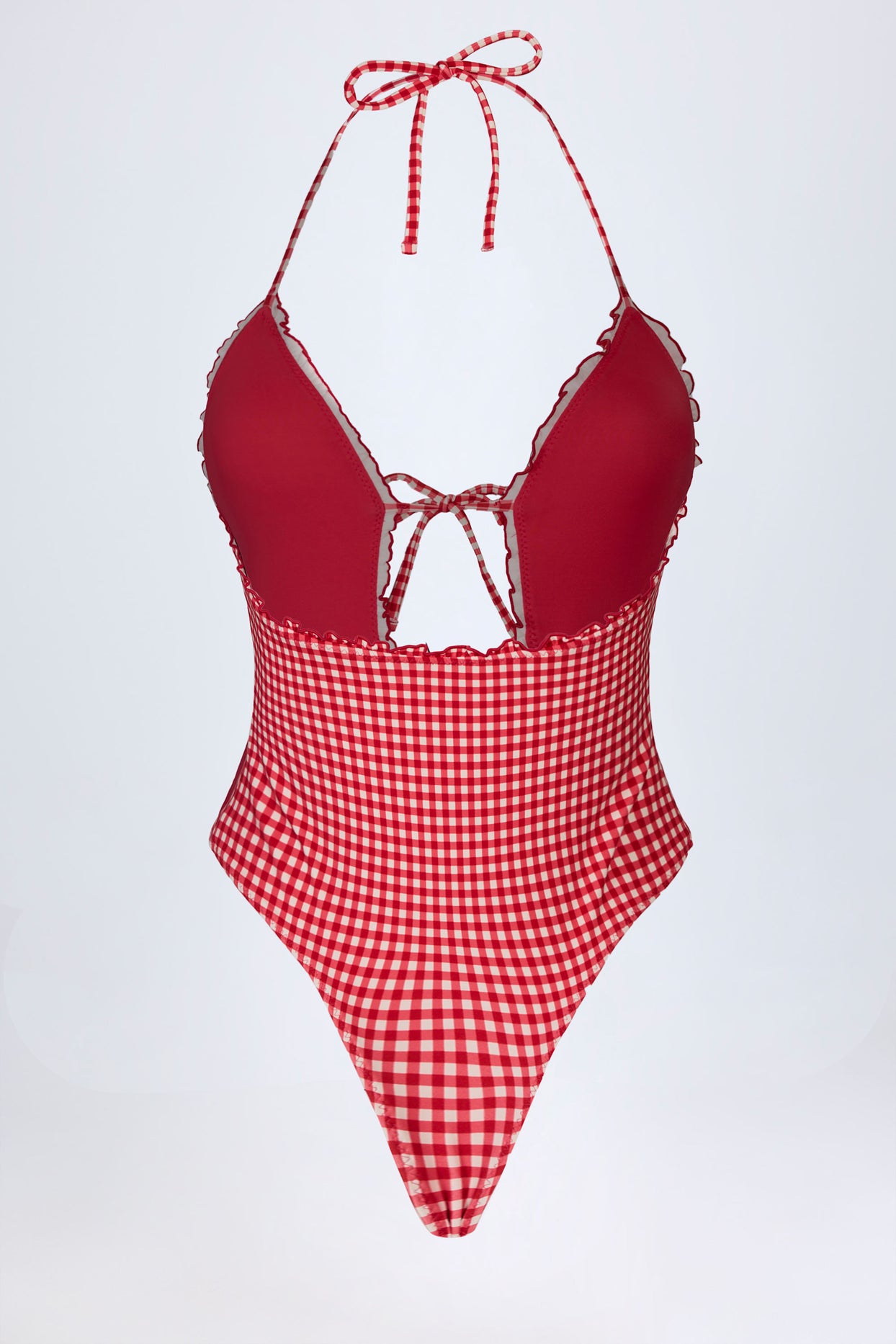 Ruffled Cut-Out Halterneck Swimsuit in Red Gingham - 5
