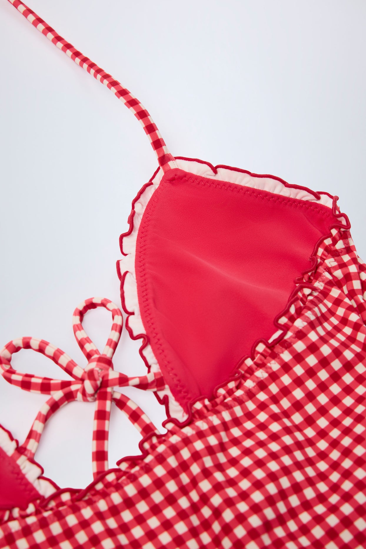 Ruffled Cut-Out Halterneck Swimsuit in Red Gingham - 7