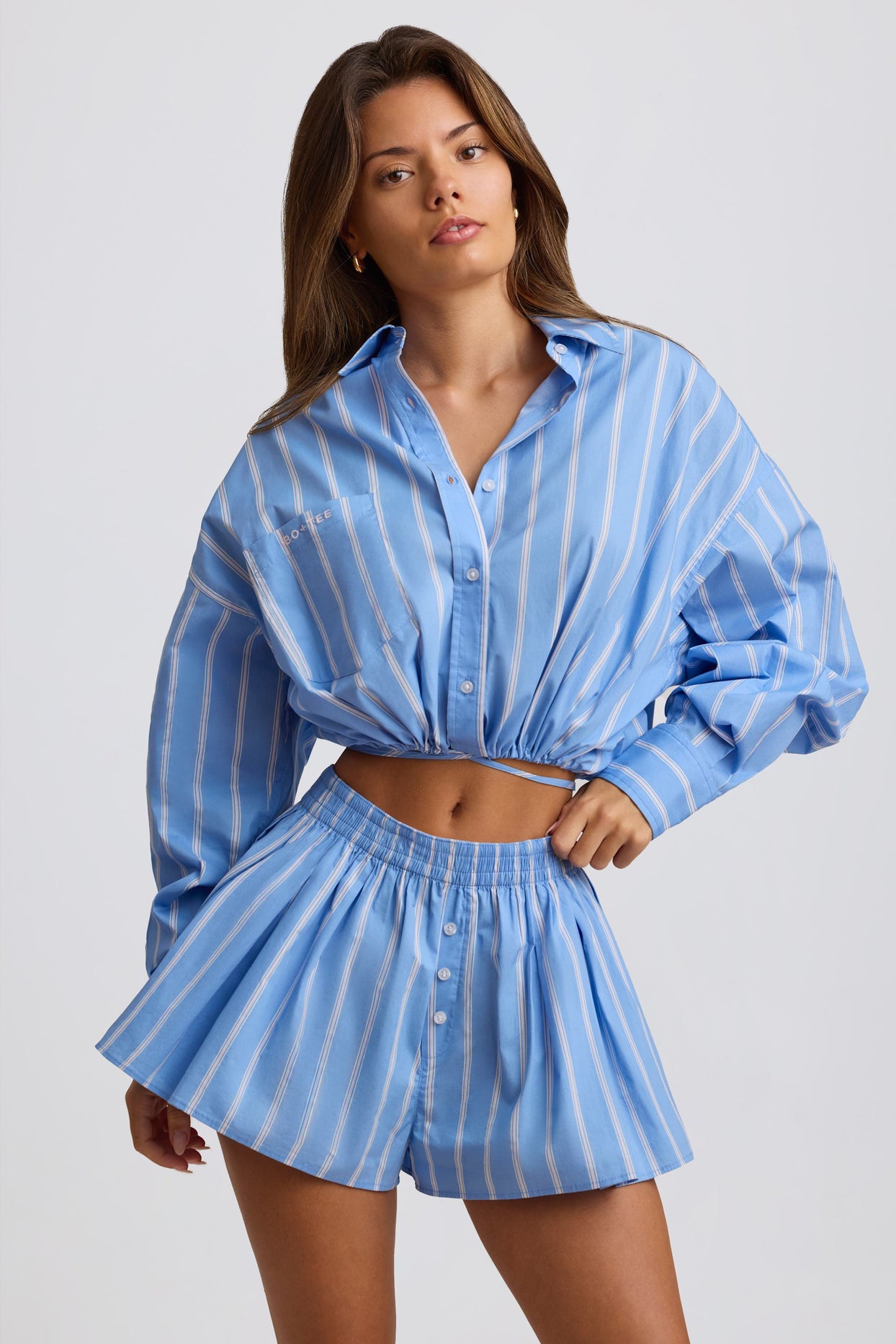 Cotton Poplin Stripe Multiway Cropped Shirt in Blue Stripe - 1