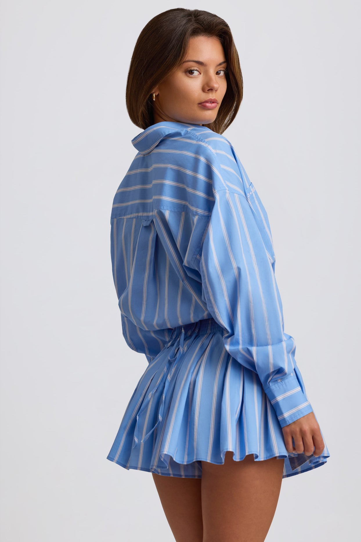 Cotton Poplin Stripe Multiway Cropped Shirt in Blue Stripe - 3