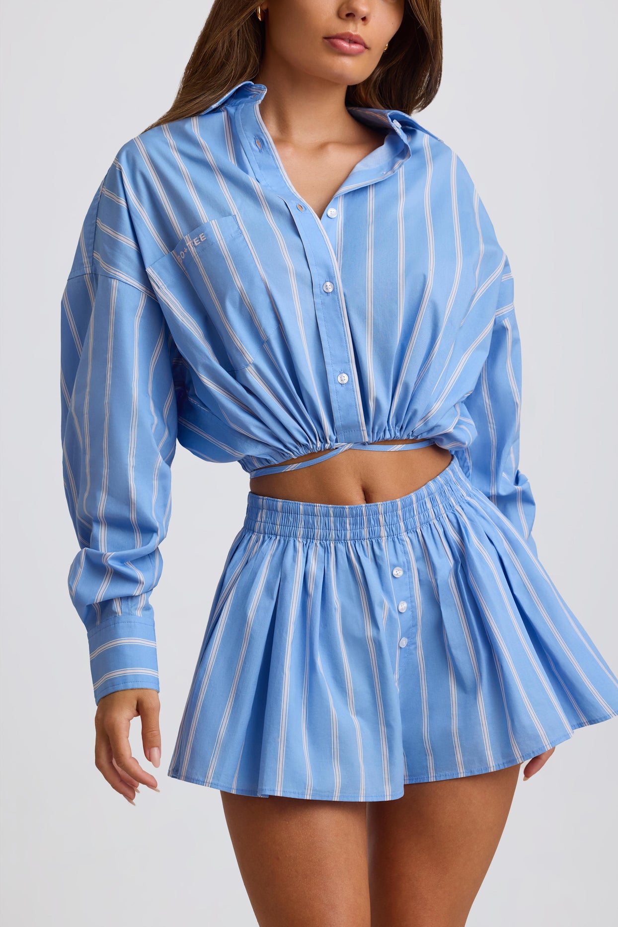 Cotton Poplin Stripe Multiway Cropped Shirt in Blue Stripe - 4