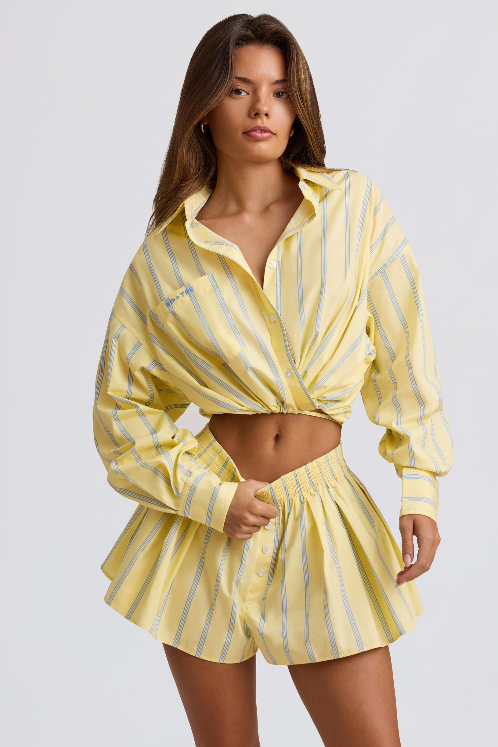 Cotton Poplin Stripe Multiway Cropped Shirt in Yellow Stripe - 1