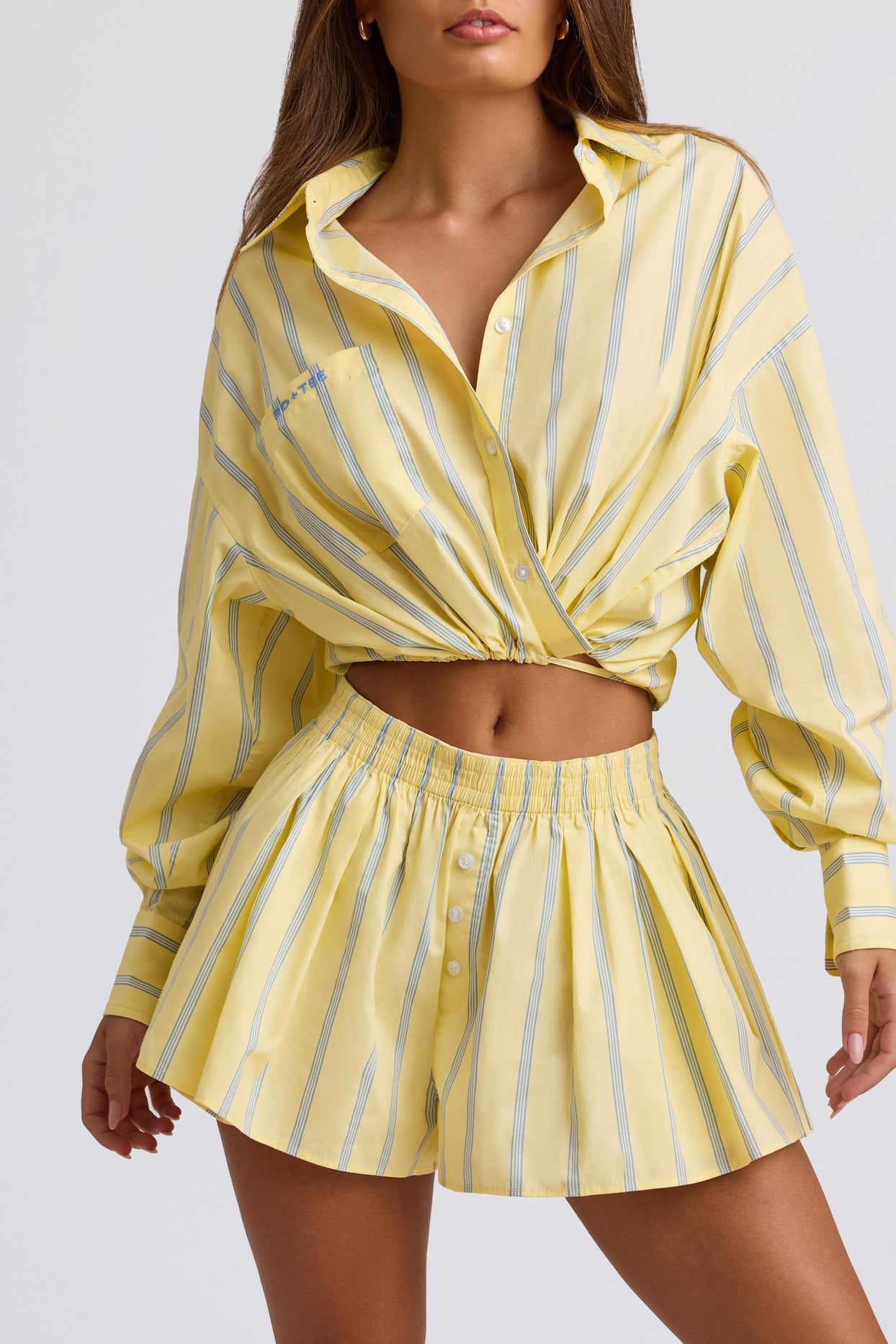 Cotton Poplin Stripe Multiway Cropped Shirt in Yellow Stripe - 4