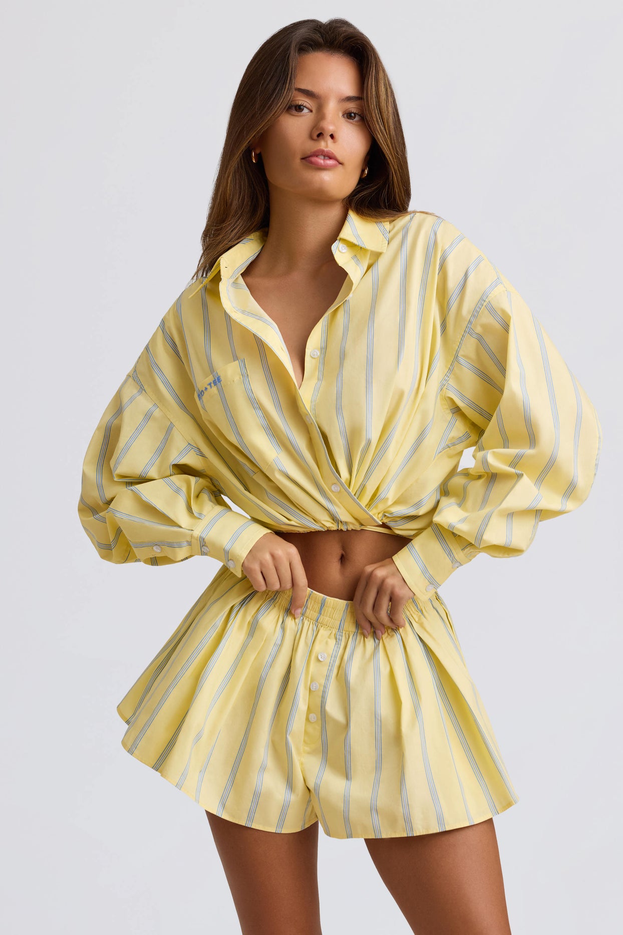 Cotton Poplin Stripe Multiway Cropped Shirt in Yellow Stripe - 5