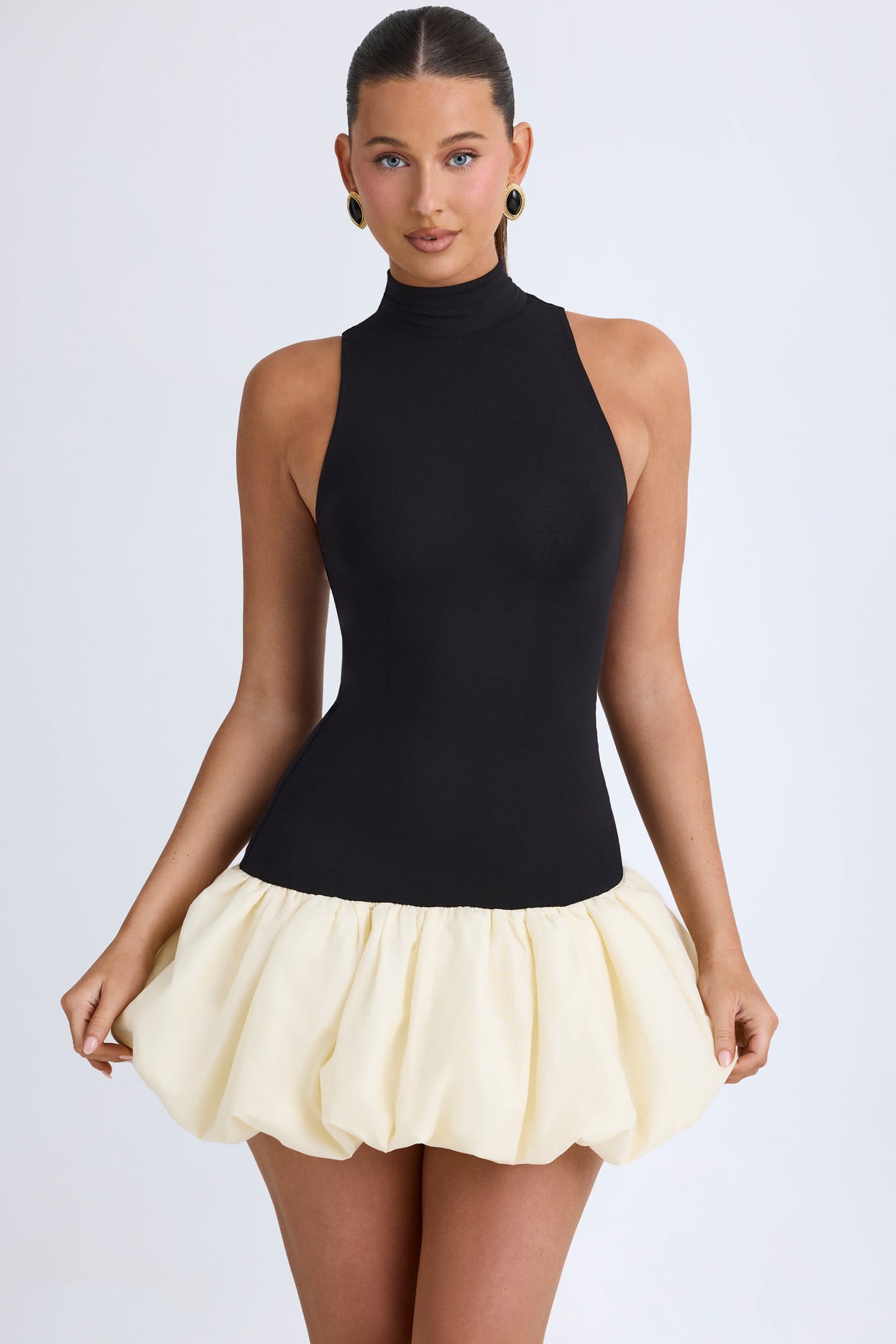 Modal Turtleneck Drop-Waist Bubble Hem Mini Dress in Black - 1