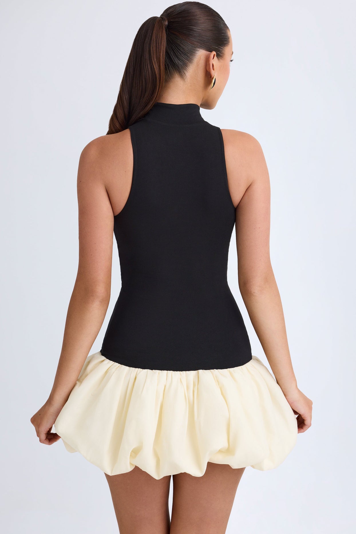 Modal Turtleneck Drop-Waist Bubble Hem Mini Dress in Black - 3