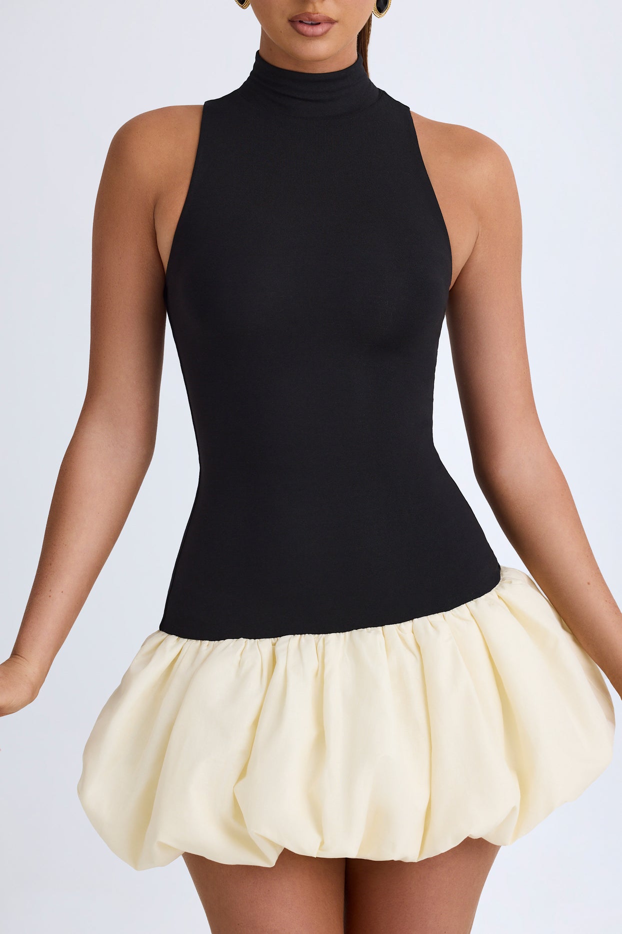 Modal Turtleneck Drop-Waist Bubble Hem Mini Dress in Black - 5