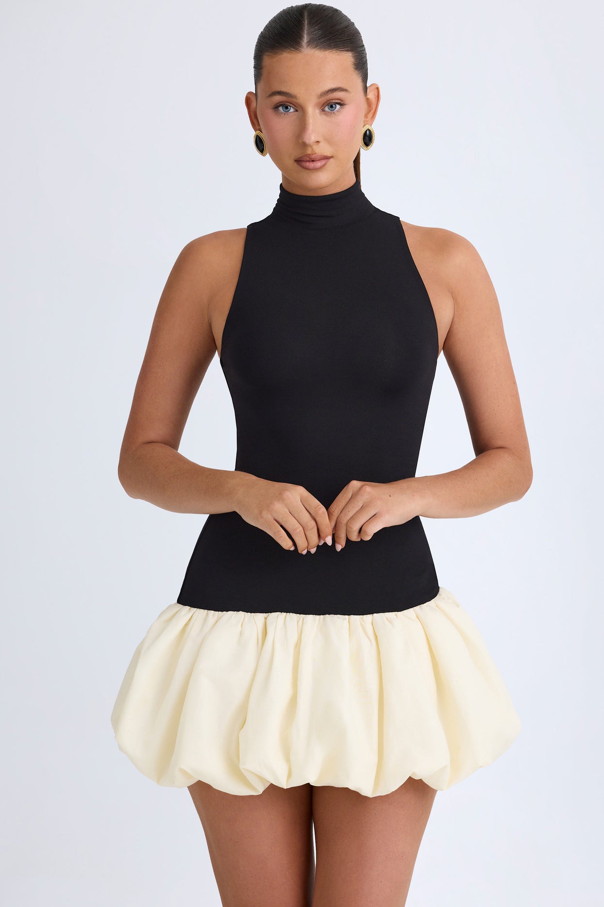 Modal Turtleneck Drop-Waist Bubble Hem Mini Dress in Black - 7