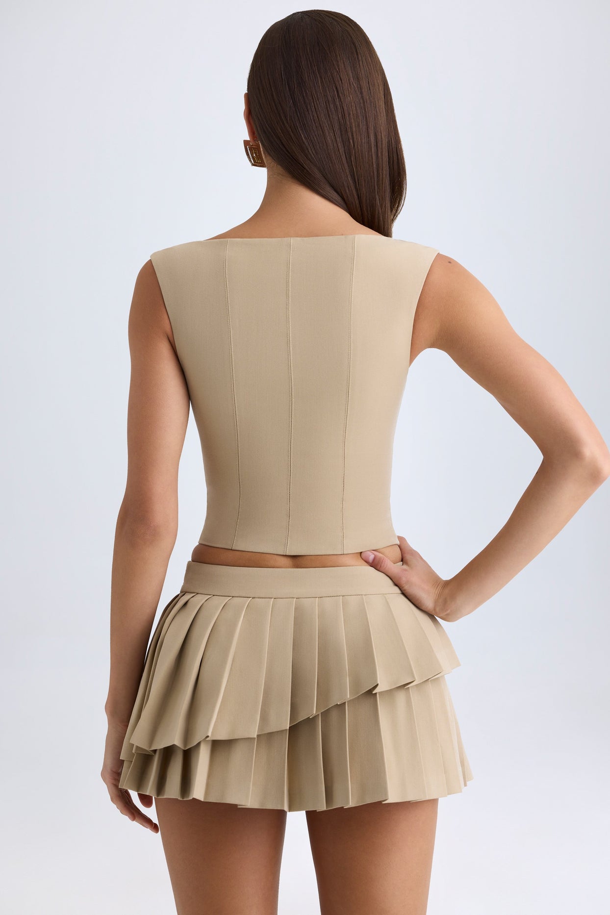 Layered Pleated Low-Rise Mini Skirt in Camel - 3