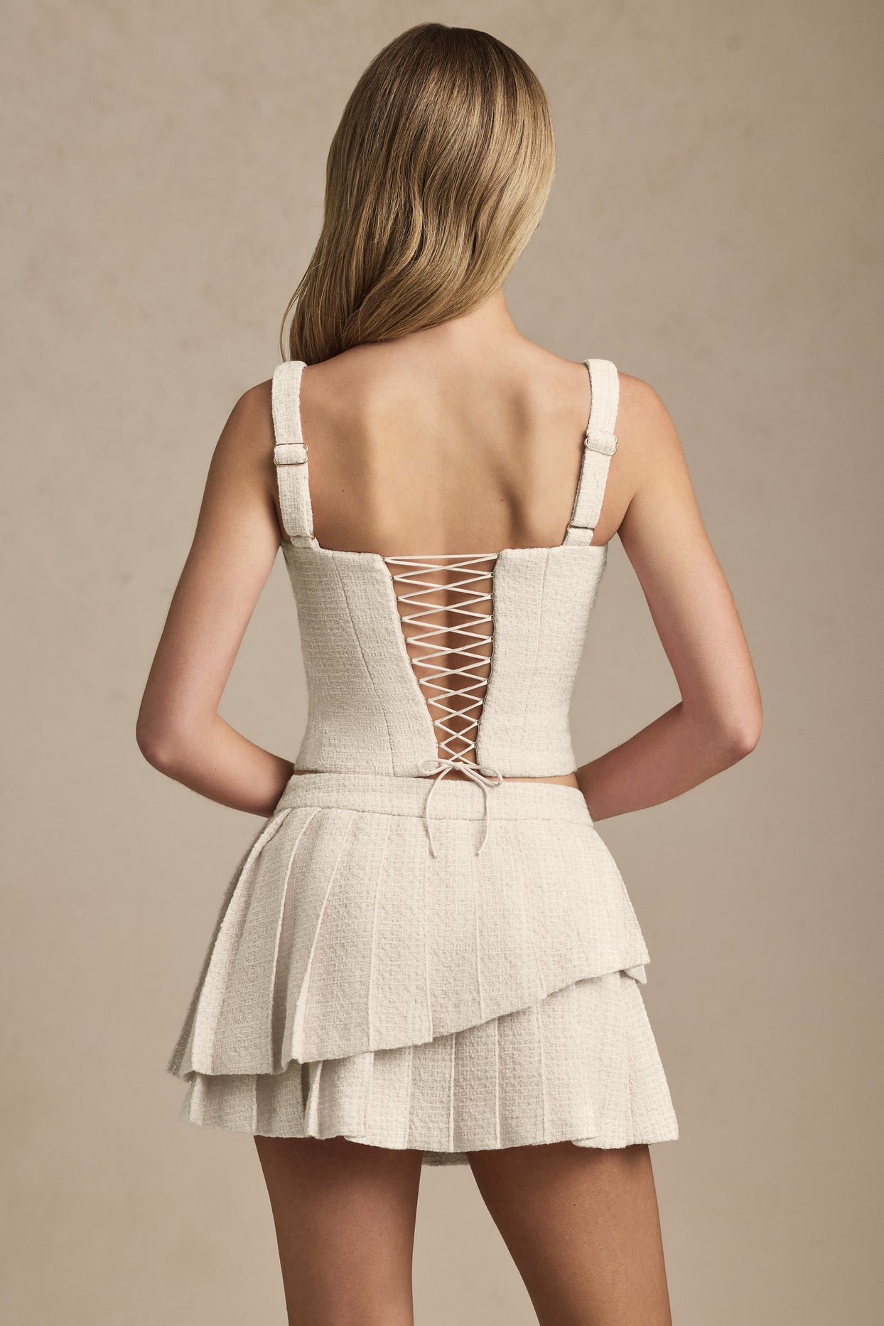 Layered Pleated Low-Rise Mini Skirt in Ivory - 2