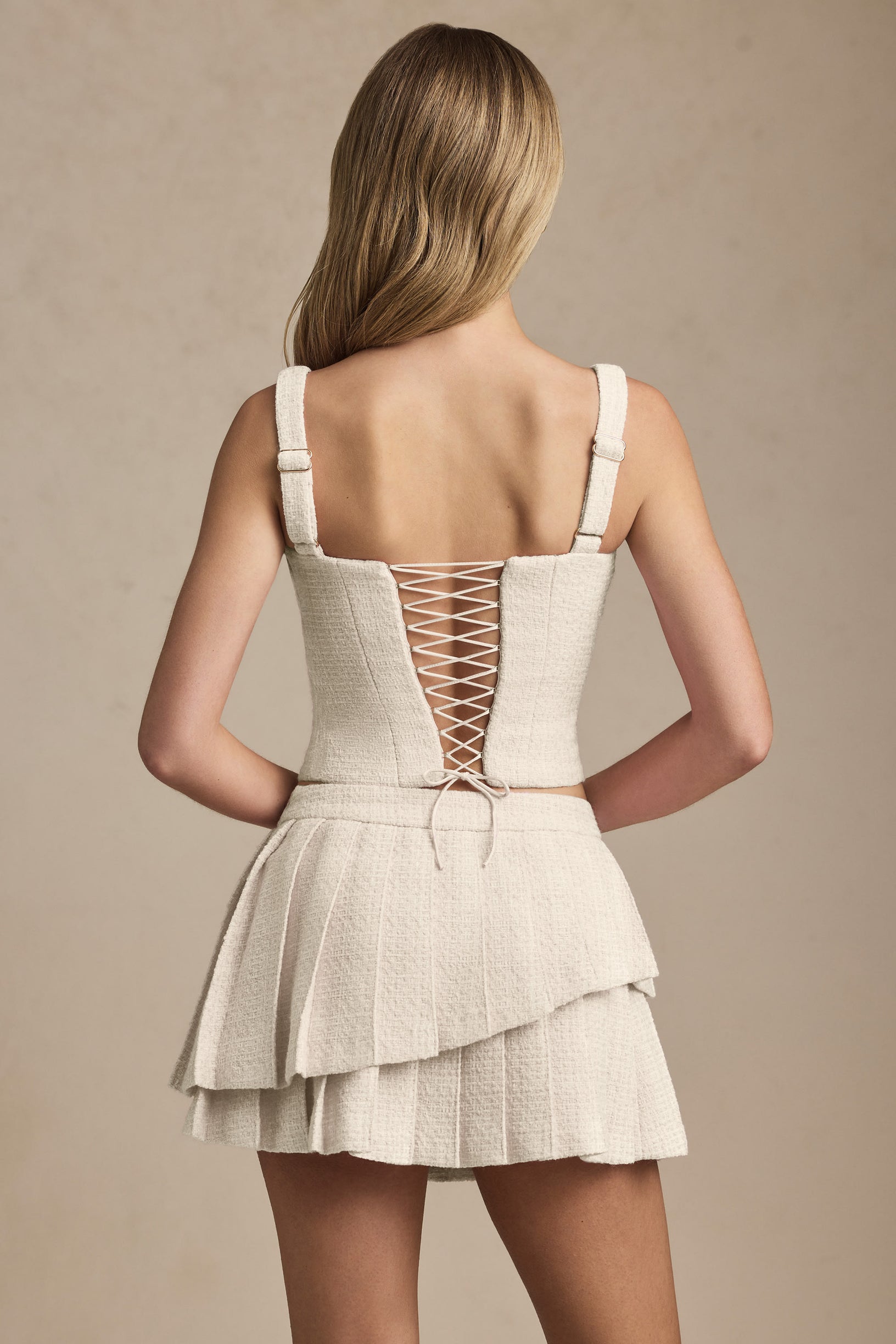 Layered Pleated Low-Rise Mini Skirt in Ivory - 2