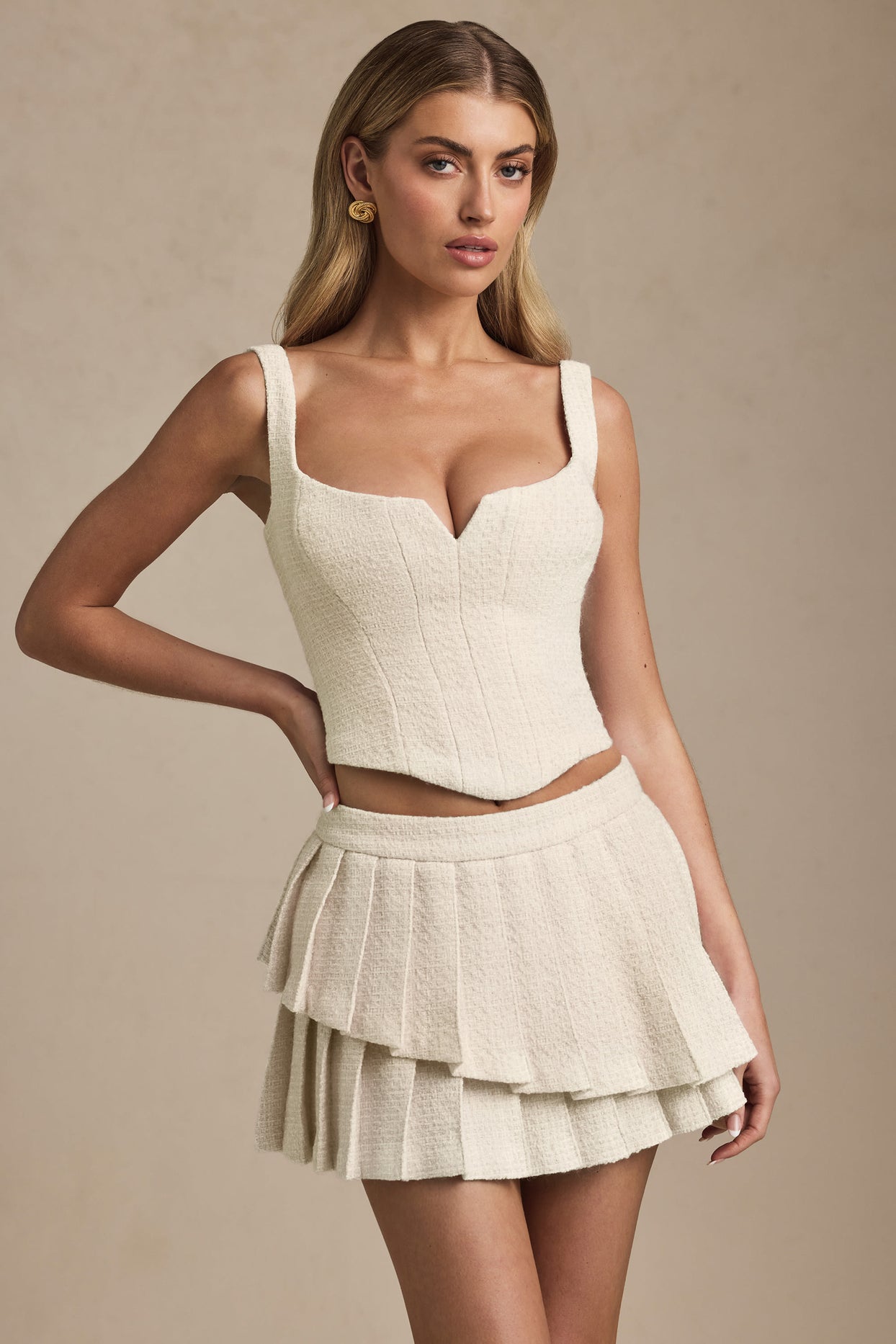 Layered Pleated Low-Rise Mini Skirt in Ivory - 6