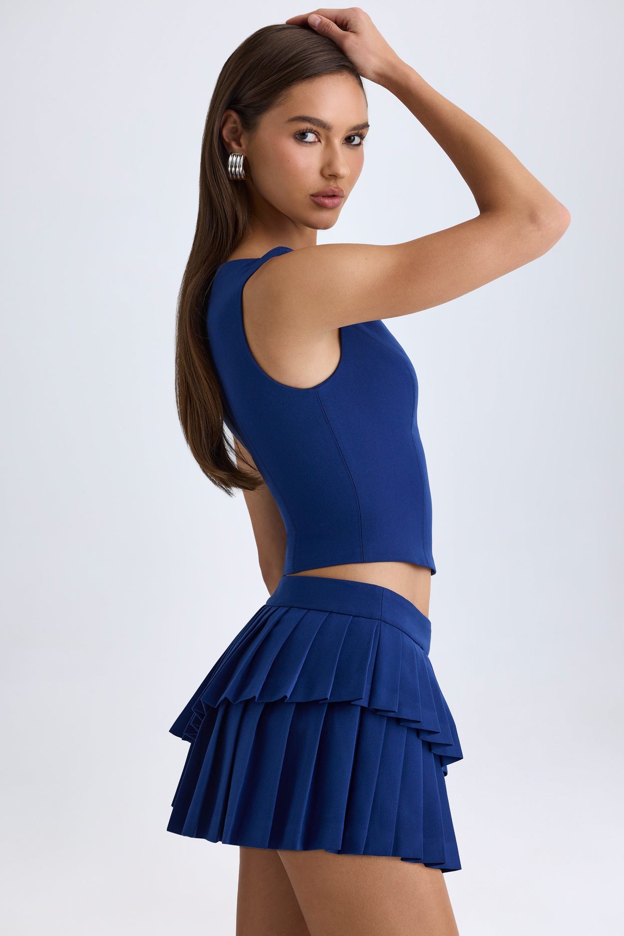 Layered Pleated Low-Rise Mini Skirt in True Navy - 3