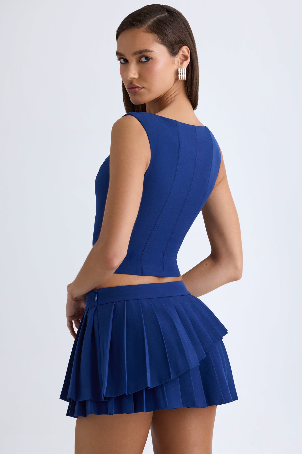 Layered Pleated Low-Rise Mini Skirt in True Navy - 4