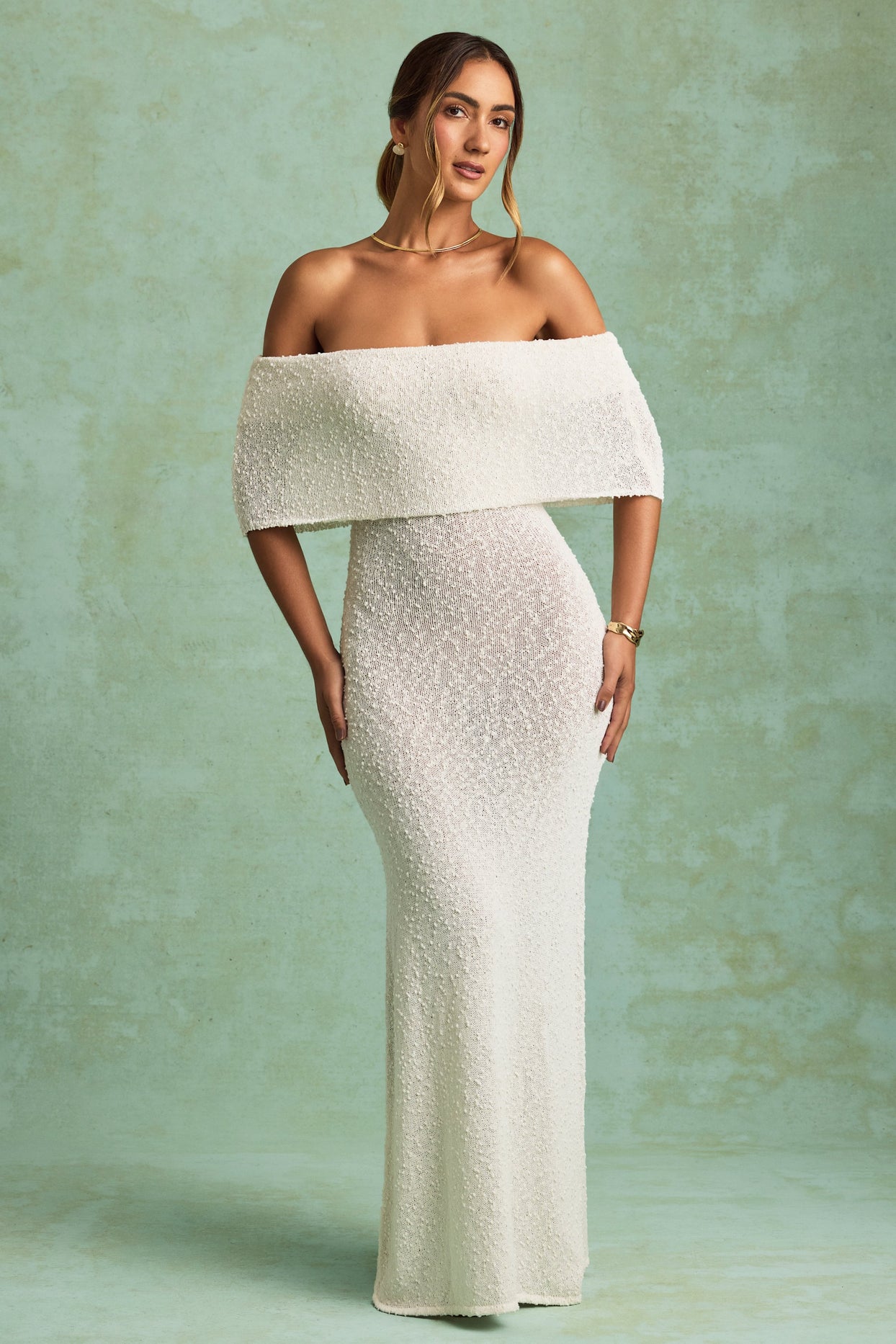 Bouclé Off-Shoulder Maxi Dress in White - 1