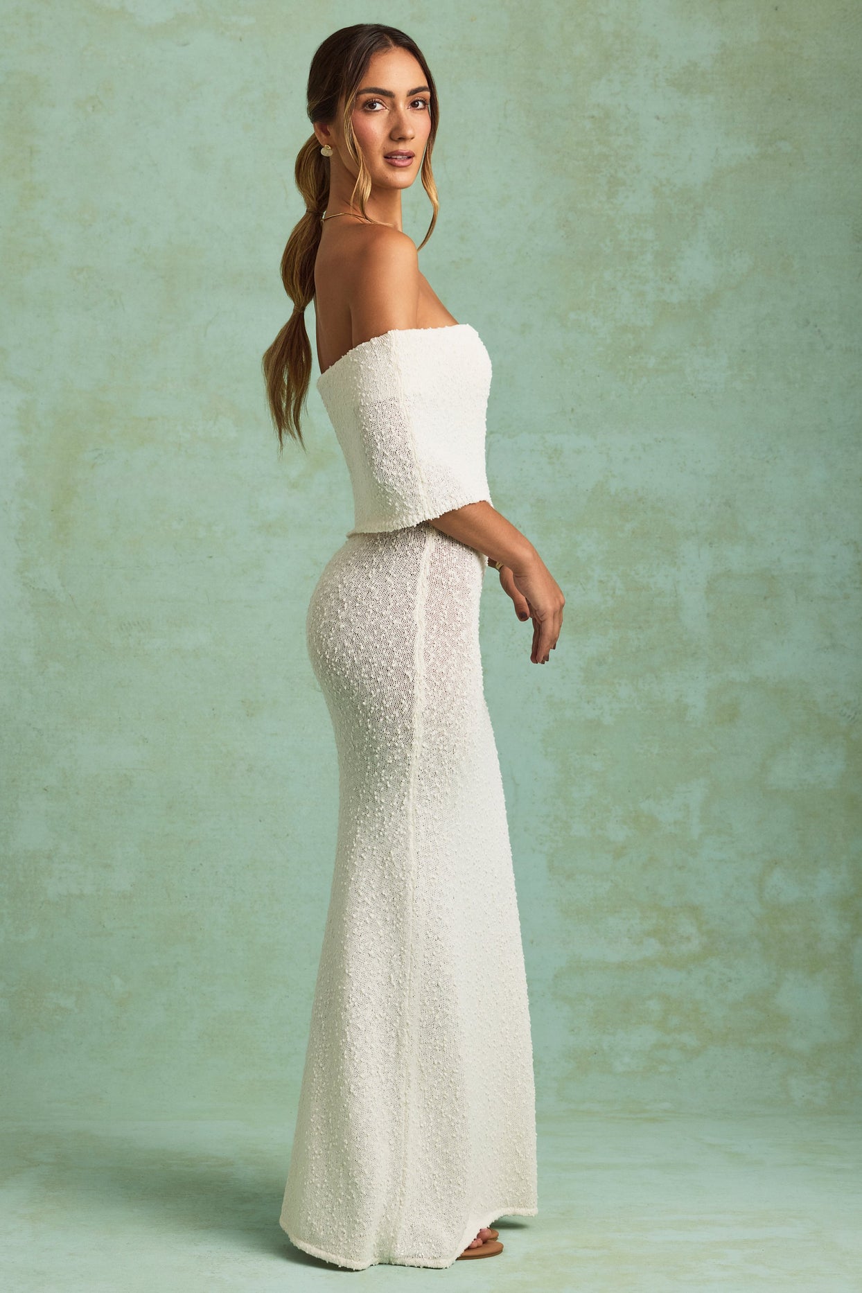 Bouclé Off-Shoulder Maxi Dress in White - 3