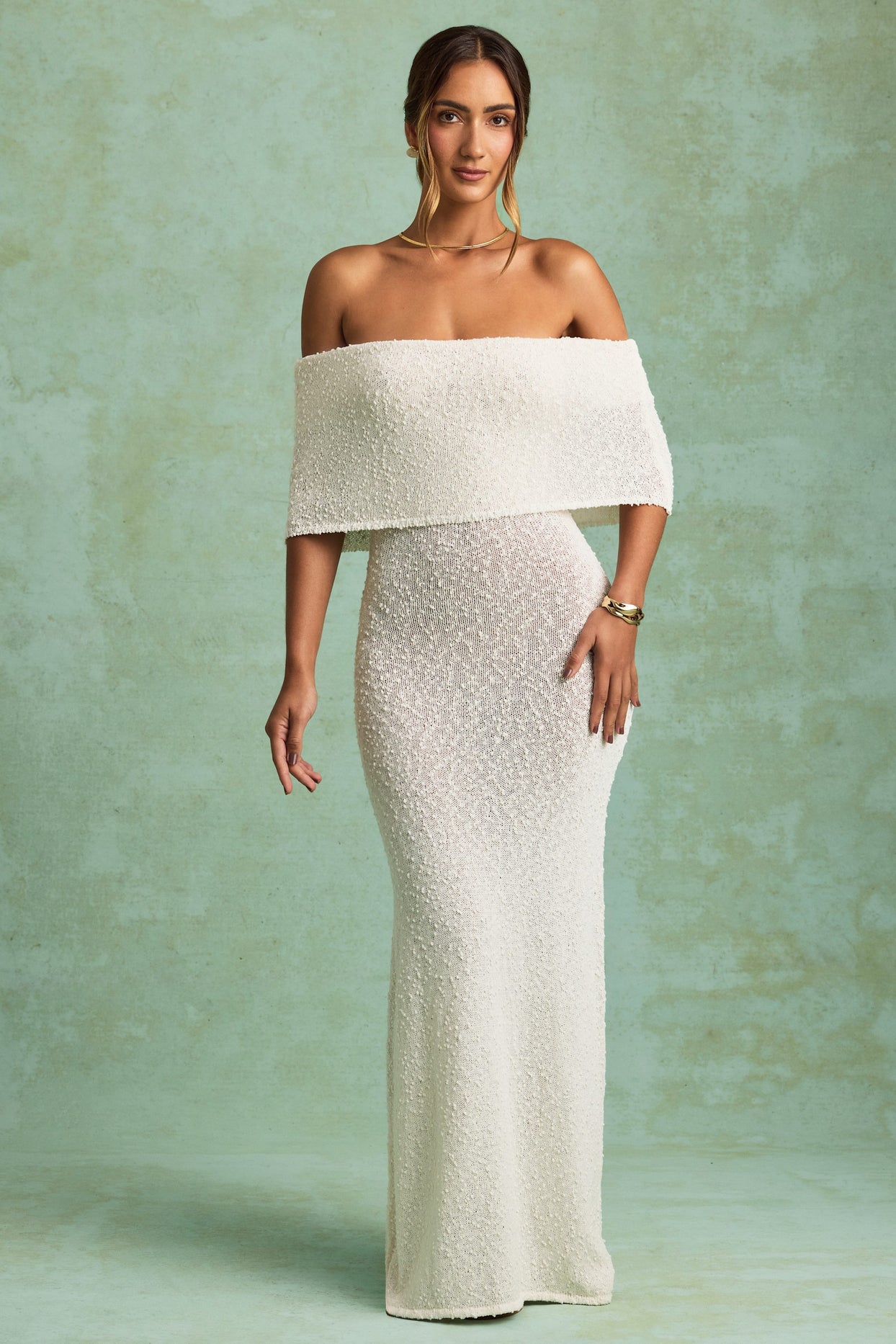Bouclé Off-Shoulder Maxi Dress in White - 6