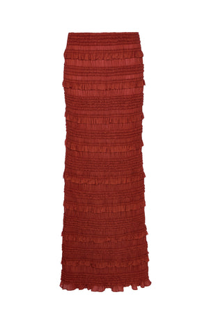 Ruffled Mid-Rise Maxi Skirt in Burnt Red
