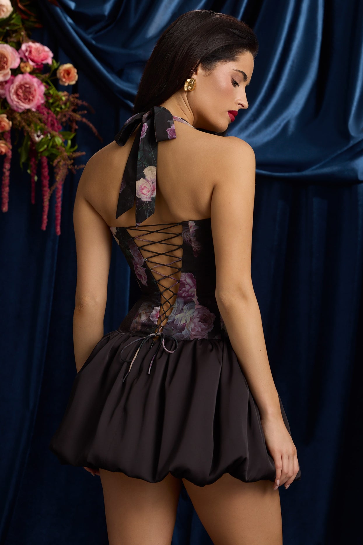 Halterneck Lace-Up Bubble Hem Mini Dress in Black Floral Print - 14