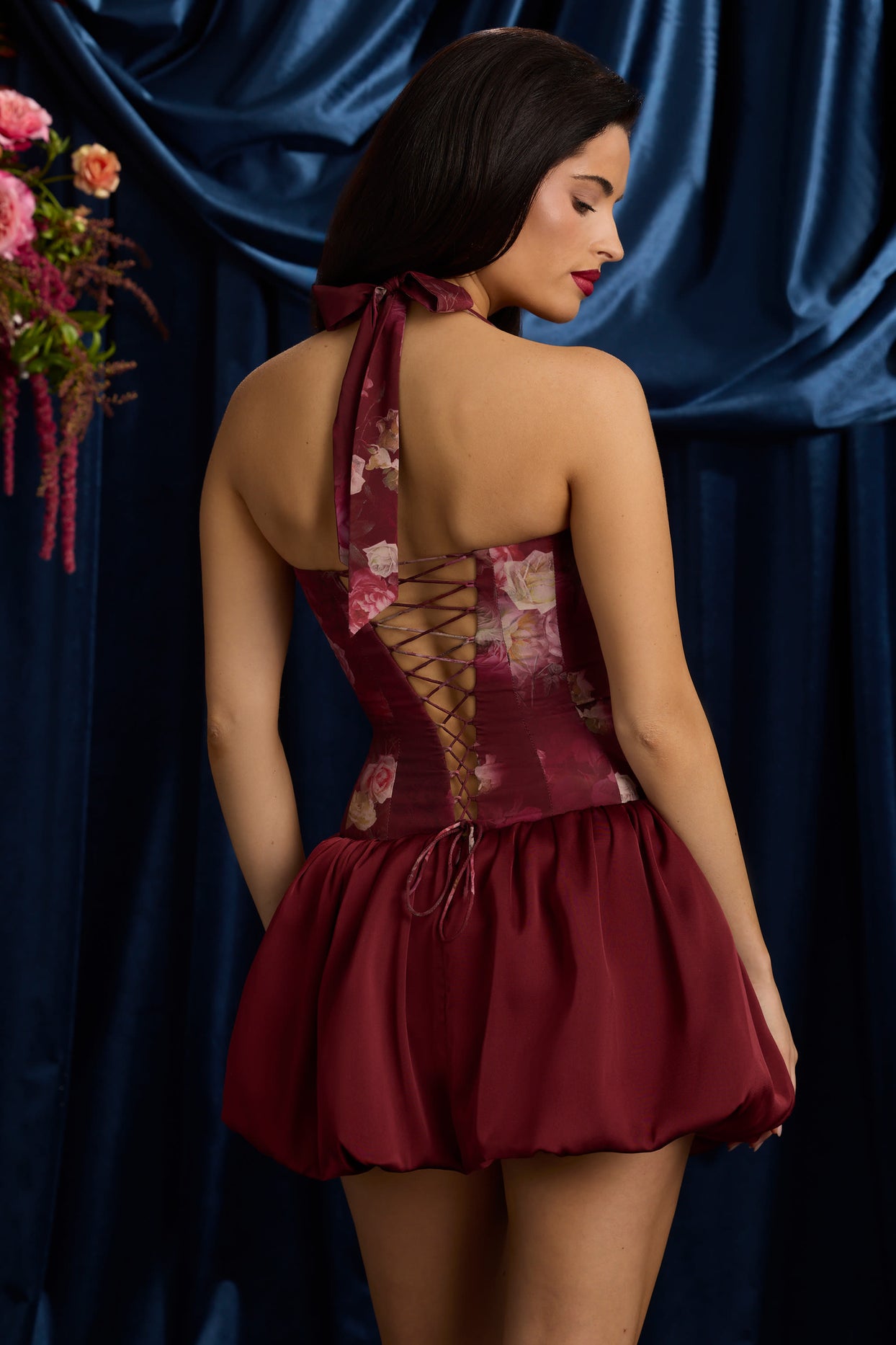 Halterneck Lace-Up Bubble Hem Mini Dress in Maroon Floral Print - 15