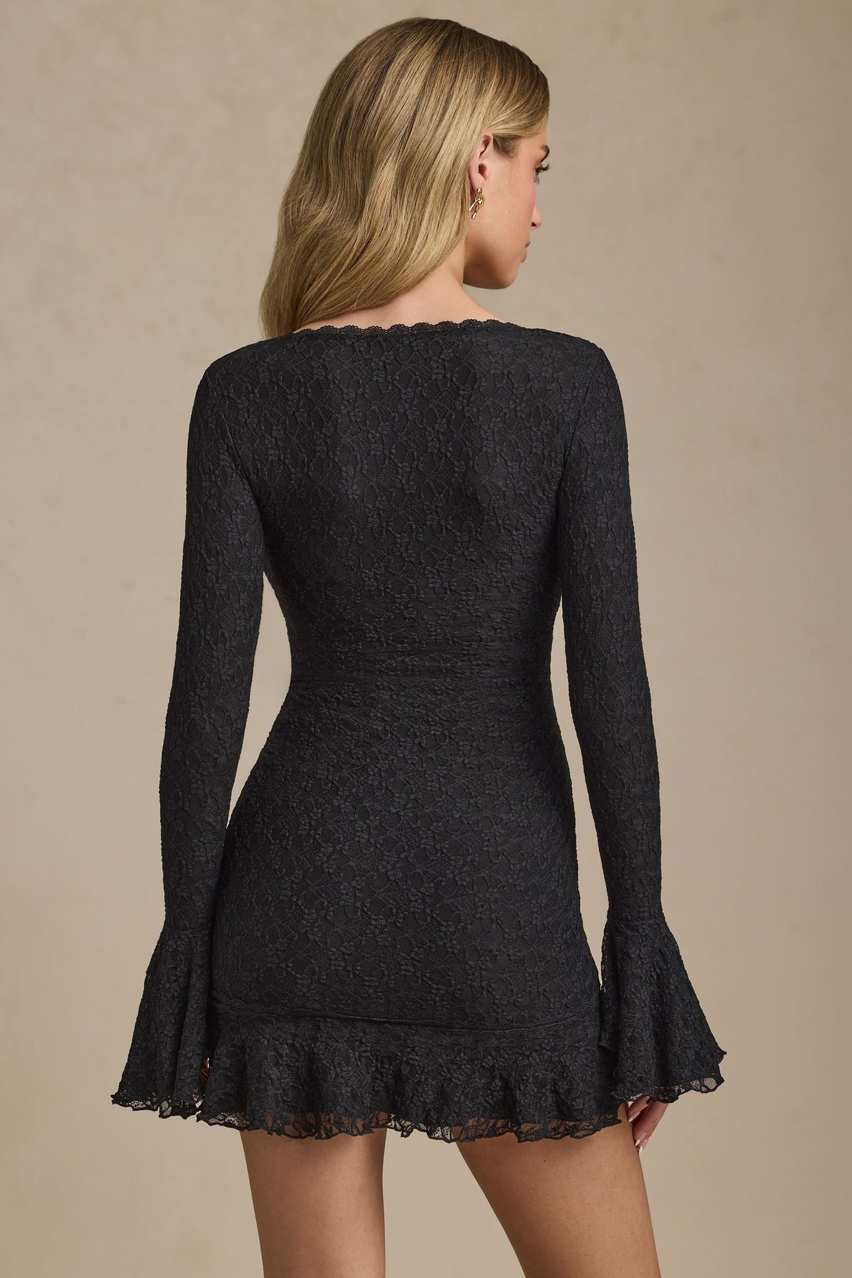 Long-Sleeve Ruffled Lace Mini Dress in Black - 2