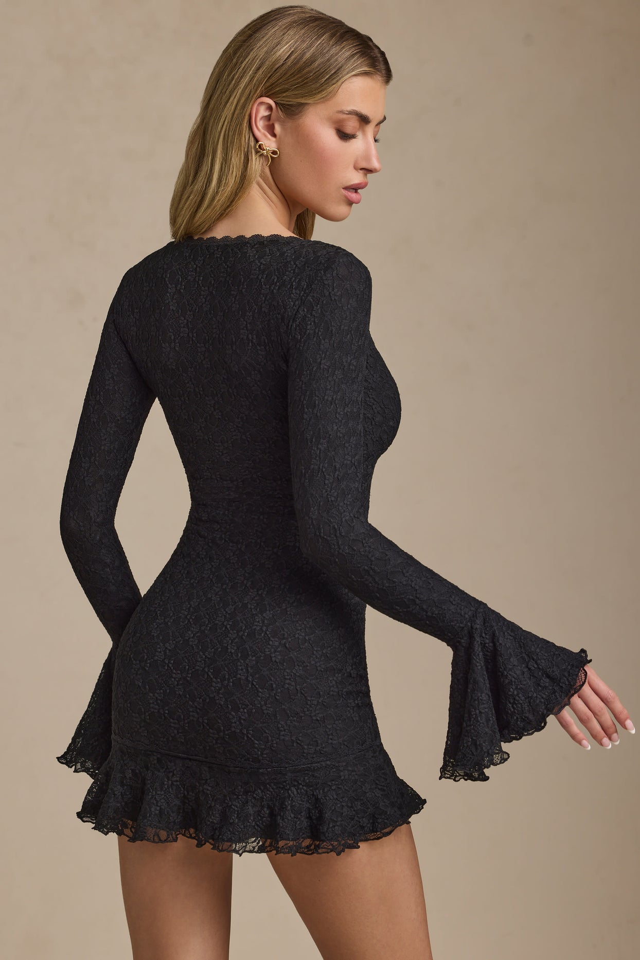 Long-Sleeve Ruffled Lace Mini Dress in Black - 7