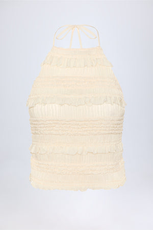 Ruffled High-Neck Backless Top in Ivory
