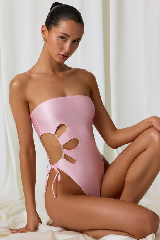 Pearl-Detail Cut-Out Bandeau Swimsuit in Soft Pink