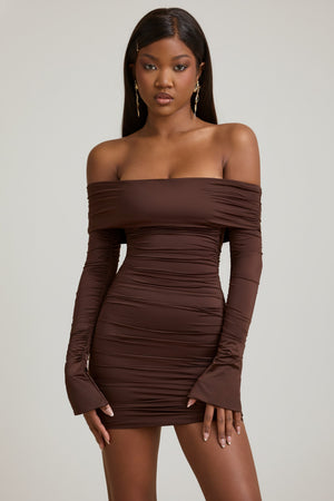 Bow-Detail Off-Shoulder Mini Dress in Chocolate Brown