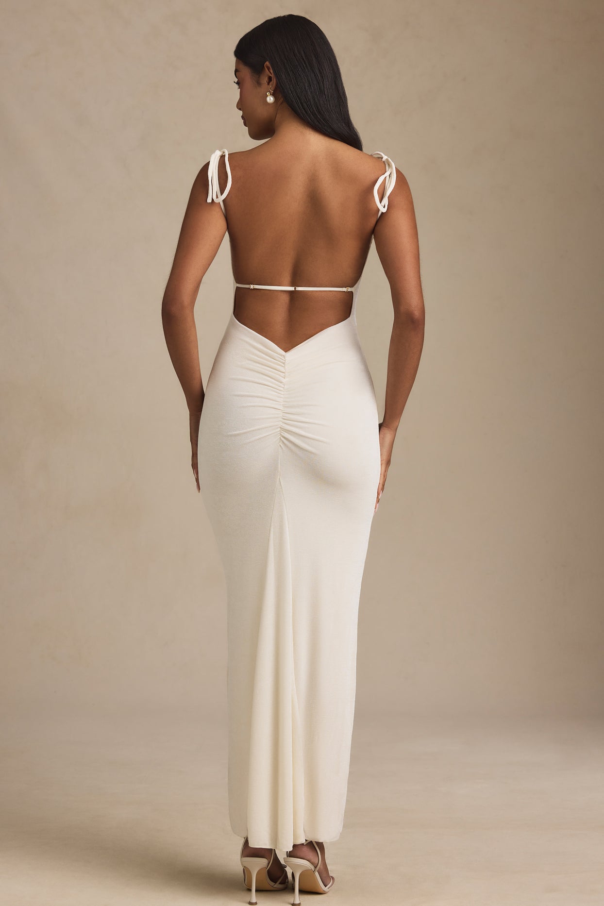 Textured Jersey Backless Maxi Dress in Ivory - 3