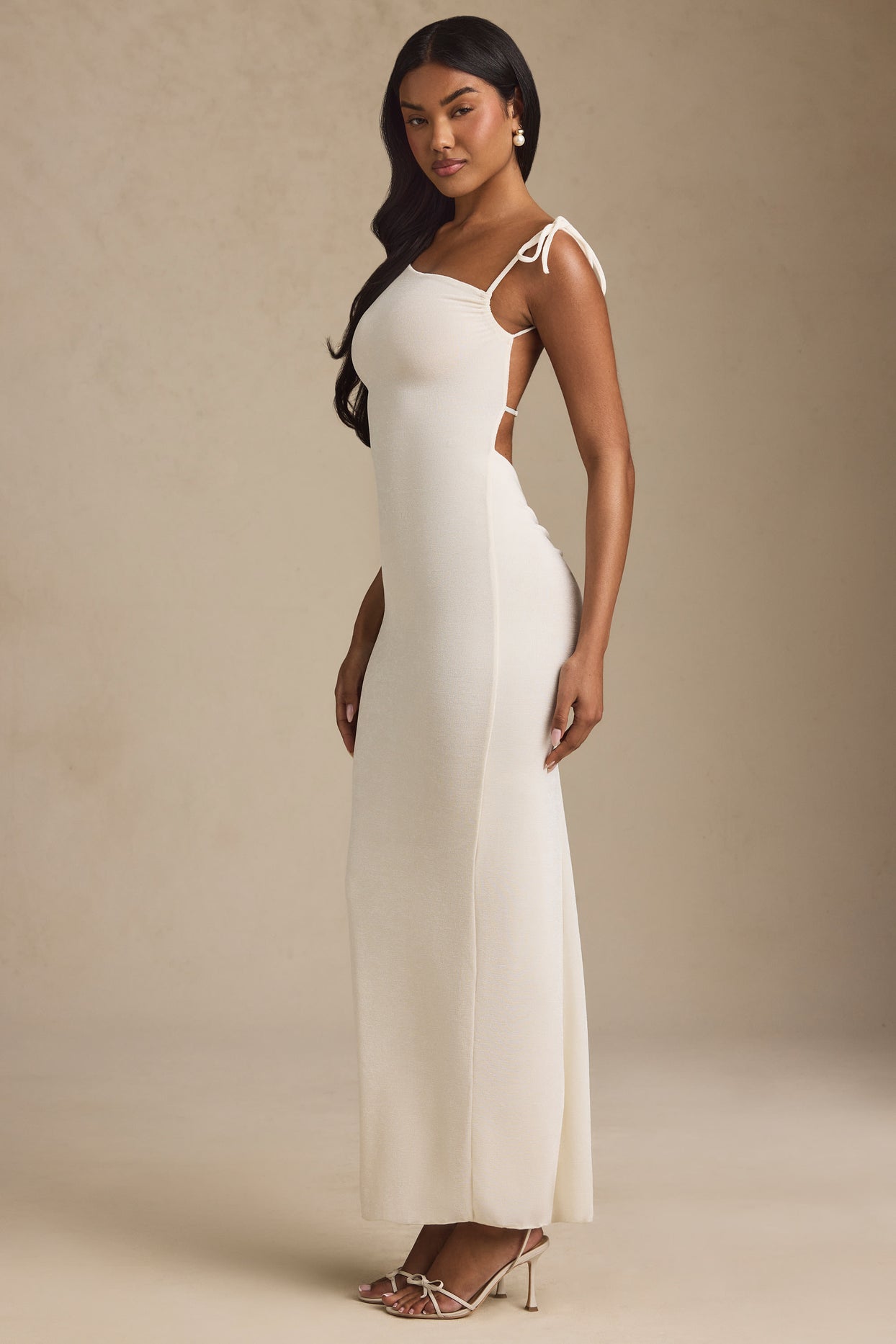 Textured Jersey Backless Maxi Dress in Ivory - 6