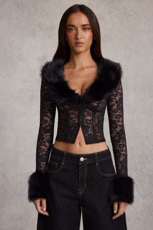 Faux Fur-Trim Lace Cardigan in Black