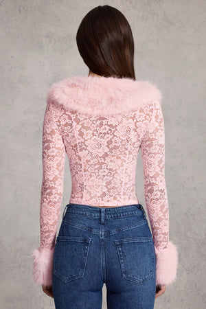 Faux Fur-Trim Lace Cardigan in Pink