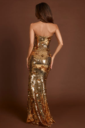3D Embellished Bandeau Maxi Dress in Gold
