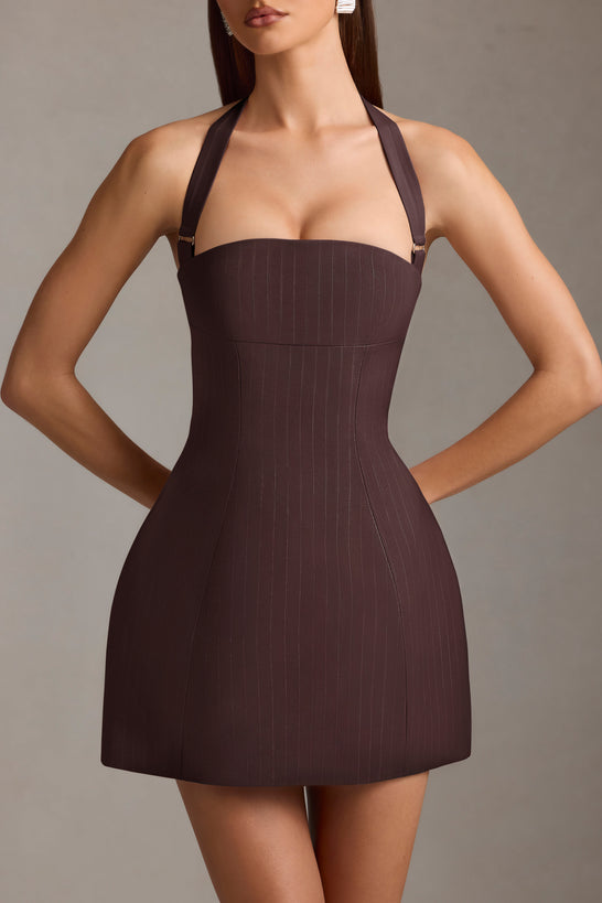 Pinstripe Halterneck Structured A-Line Mini Dress in Chocolate Brown