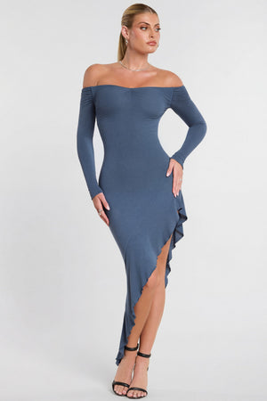 Oh Polly's Kiele wearing the Roxana Maxi Dress in French Navy Modal fabric perfect for summer evening events