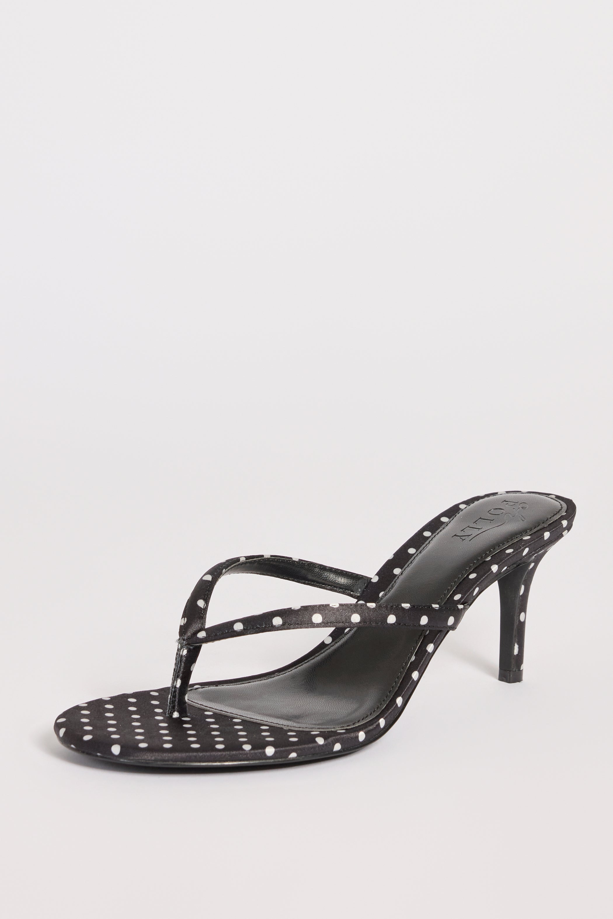Satin Heeled Mule Sandal in Black Polka Dot