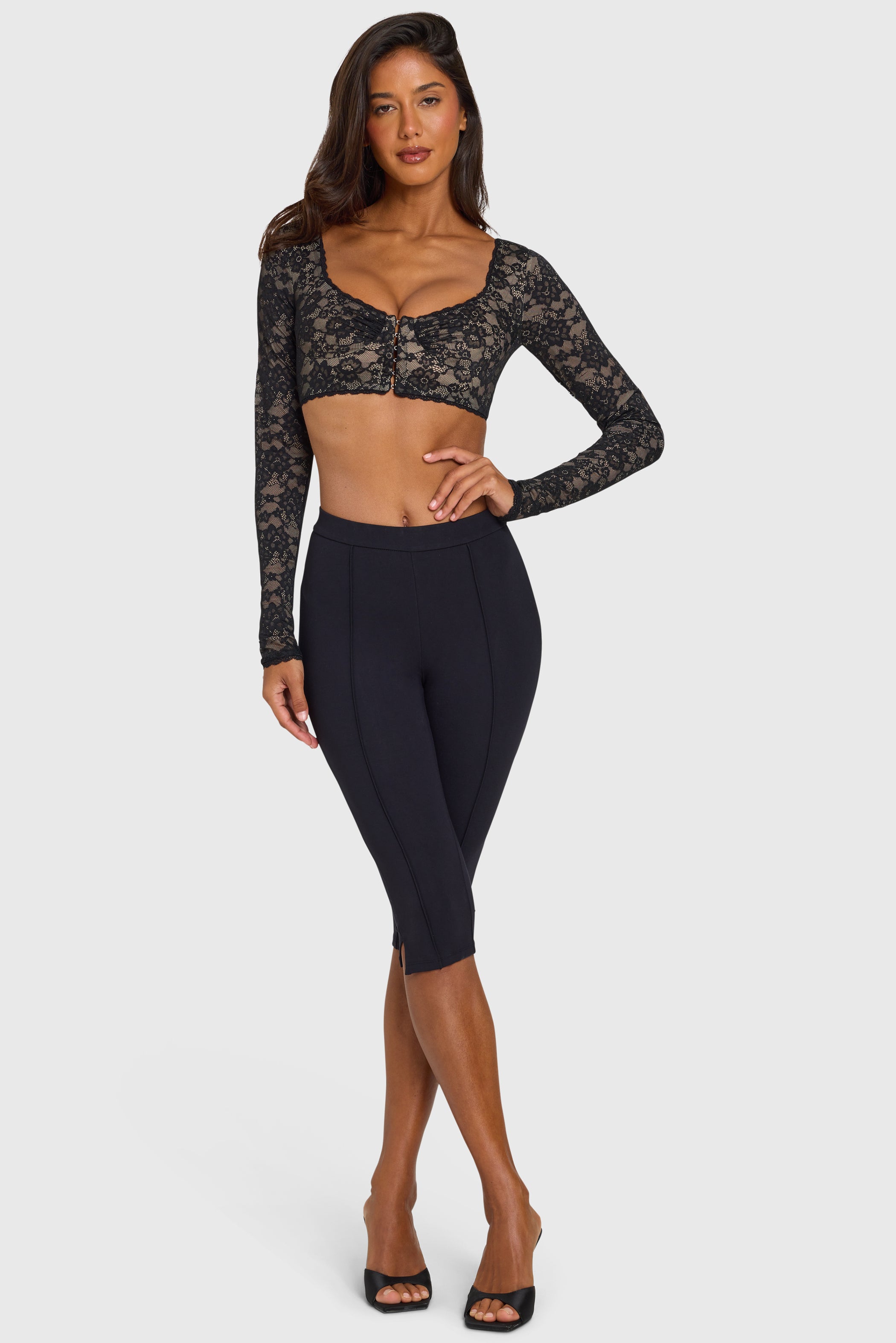Lace Long-Sleeve Crop Top in Black
