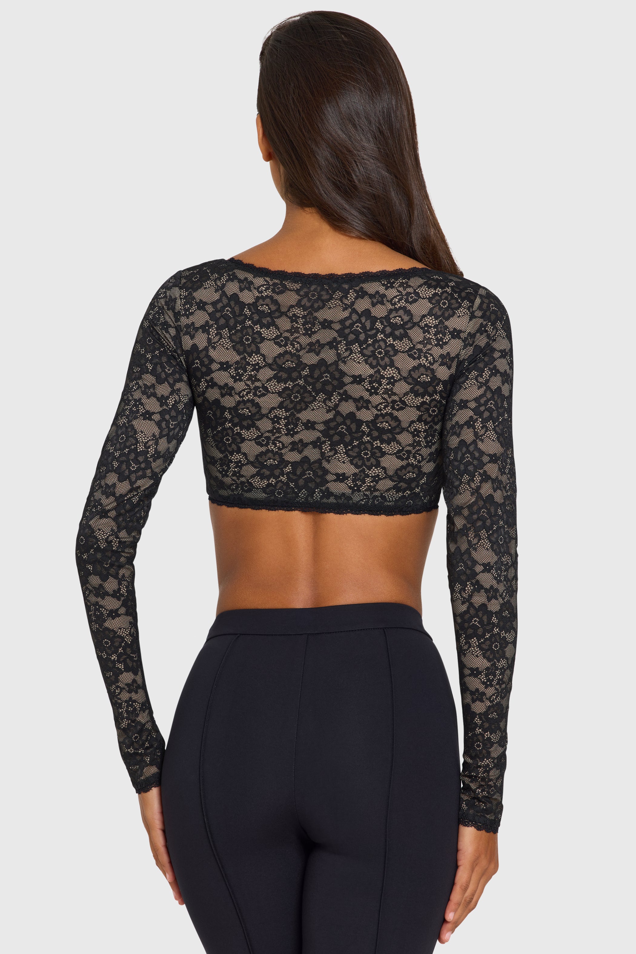Lace Long-Sleeve Crop Top in Black