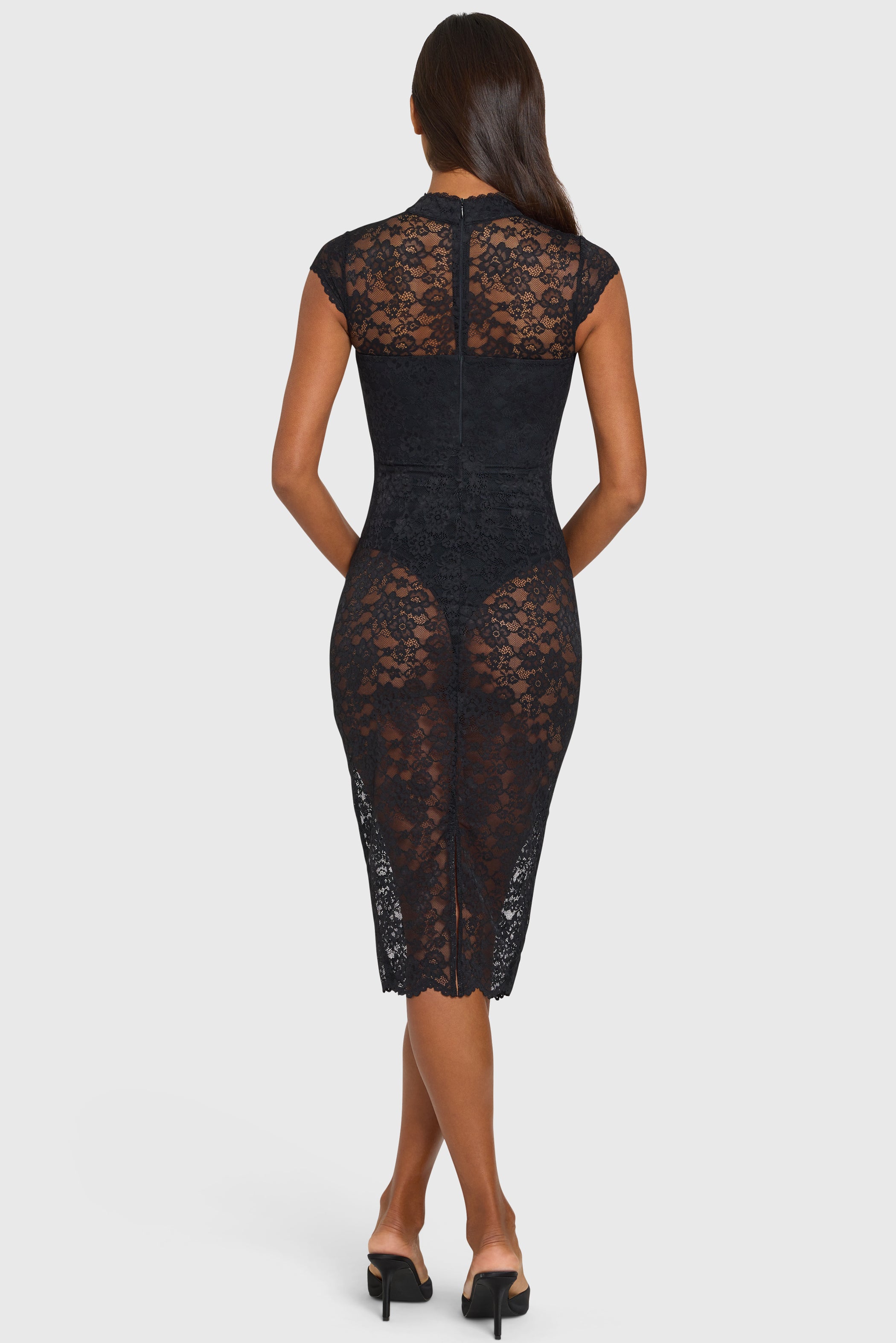 Lace Cut-Out Sheer Midi Dress in Black