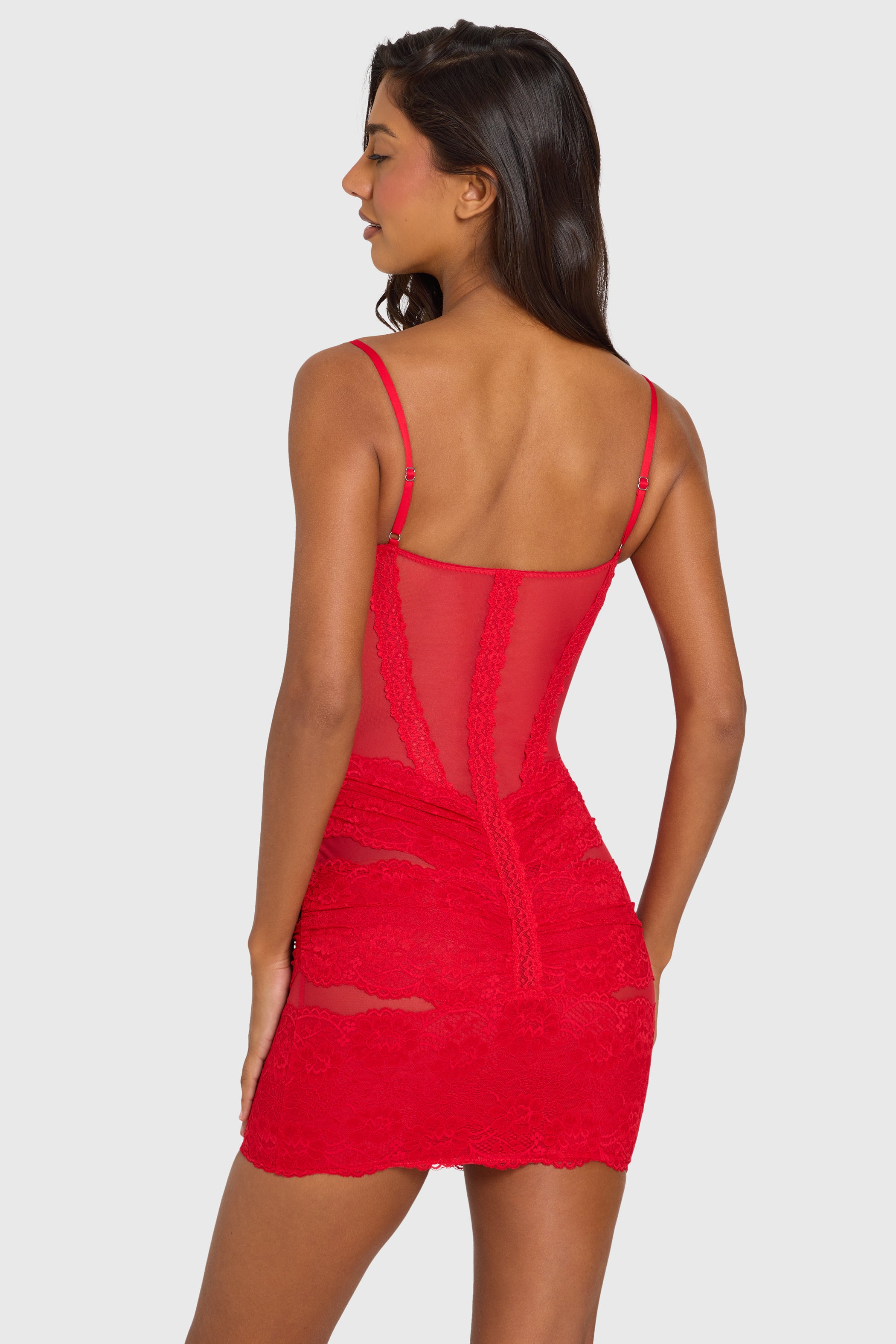 Placed Lace-Trim Mini Dress in Cherry Red