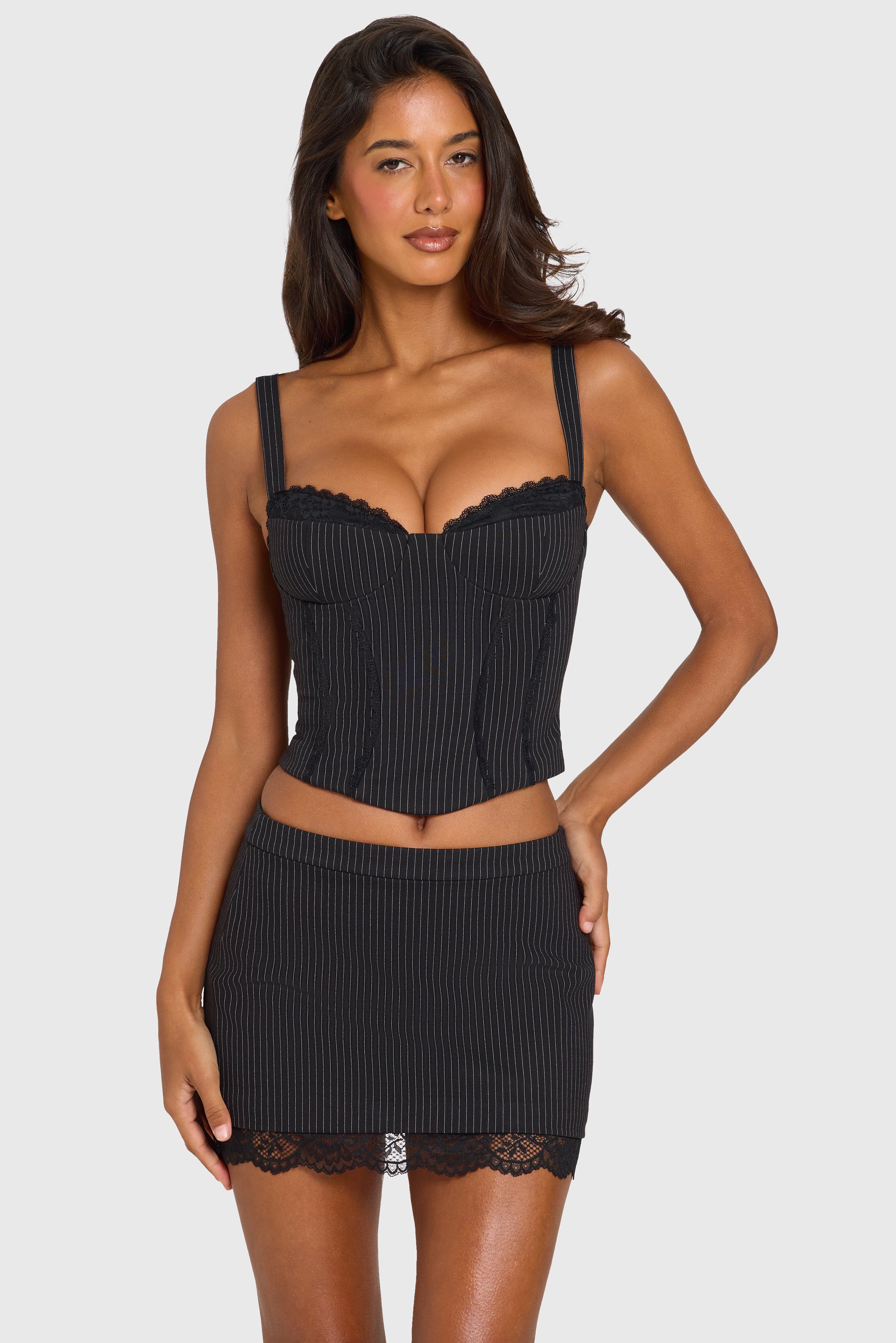 Pinstripe Ponte Lace-Trim Peekaboo Corset Top in Black Pinstripe