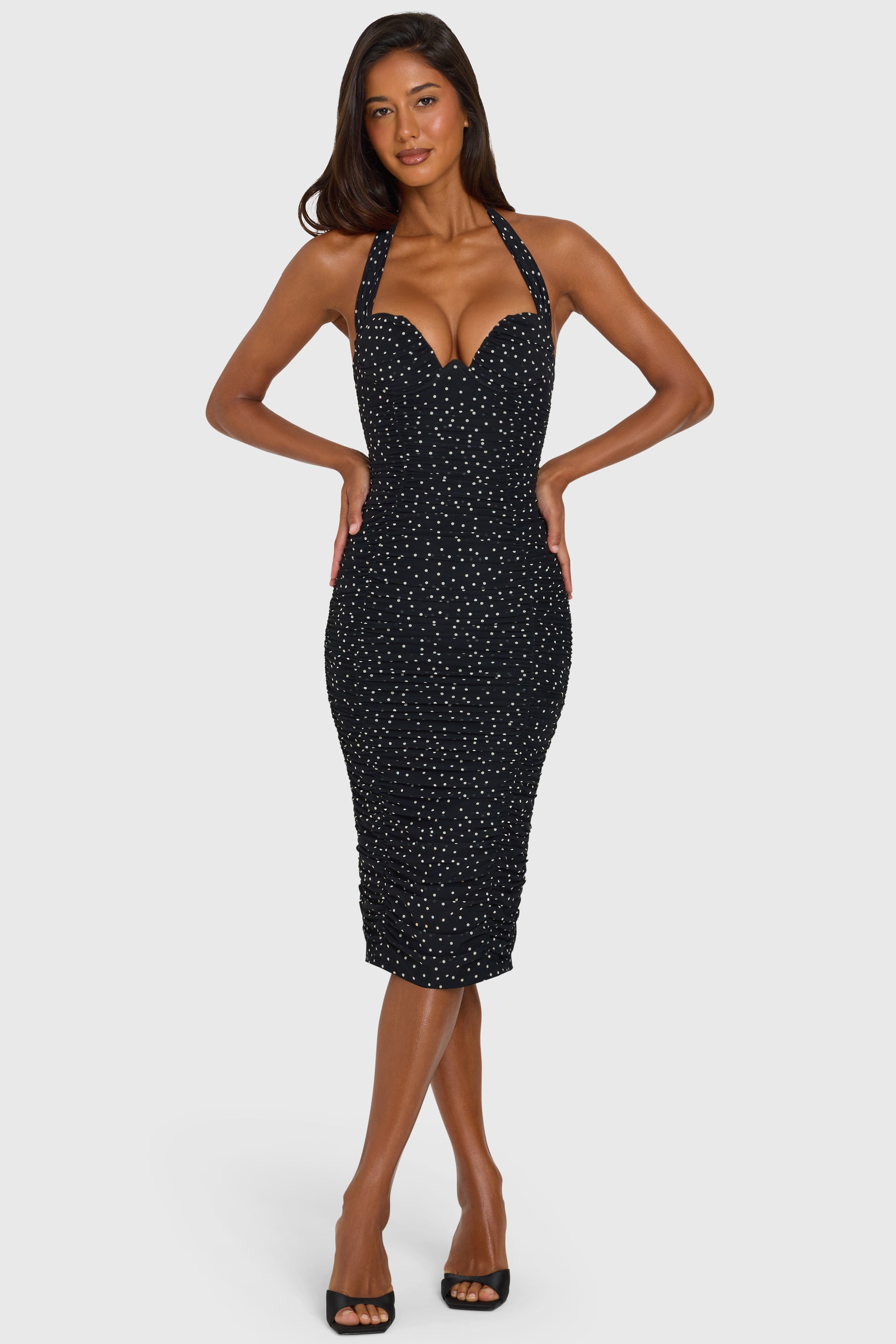 Polka-Dot Bodycon Midi Dress in Black Polka Dot