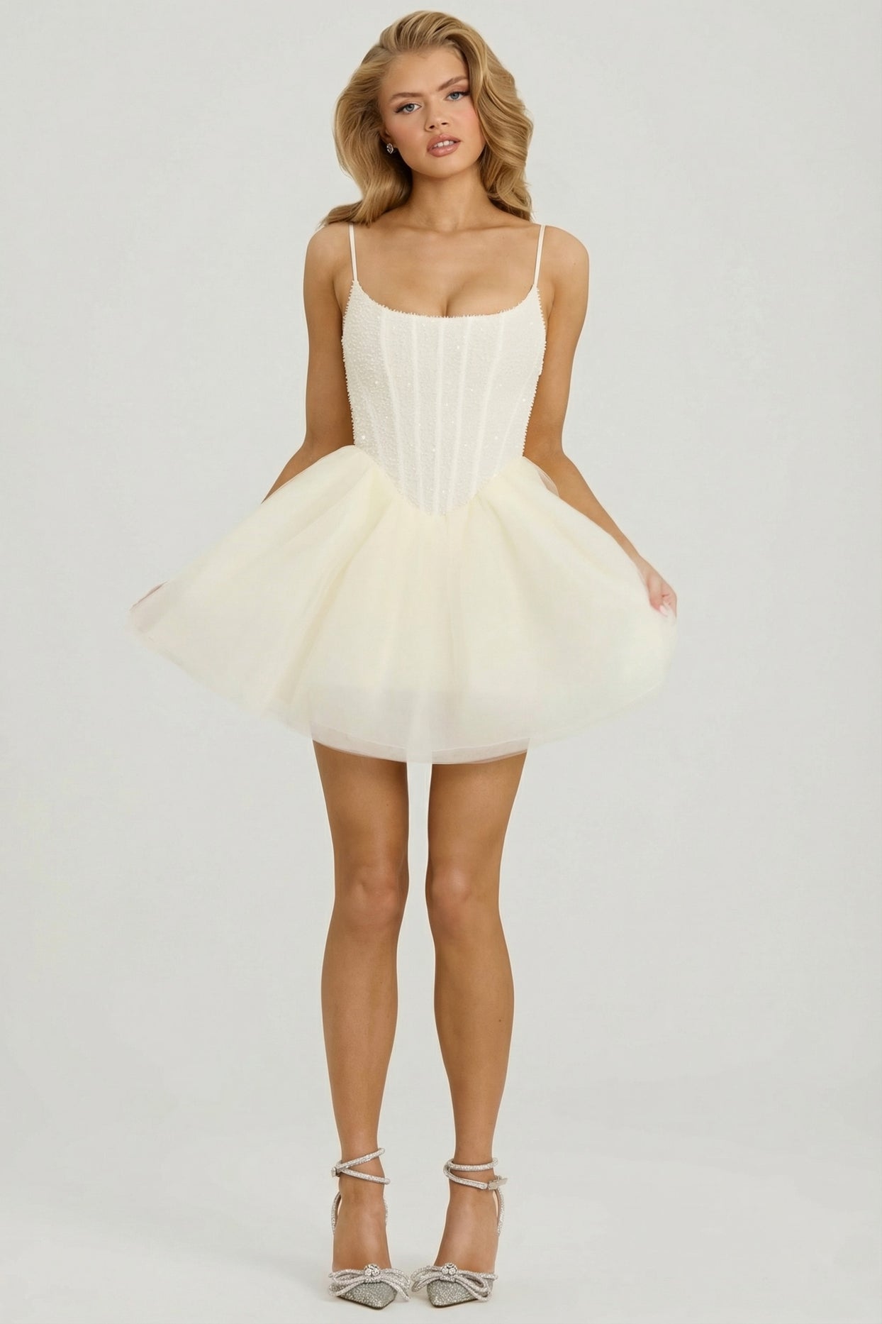 Embellished Corset Tulle Skirt Mini Dress in White - 4