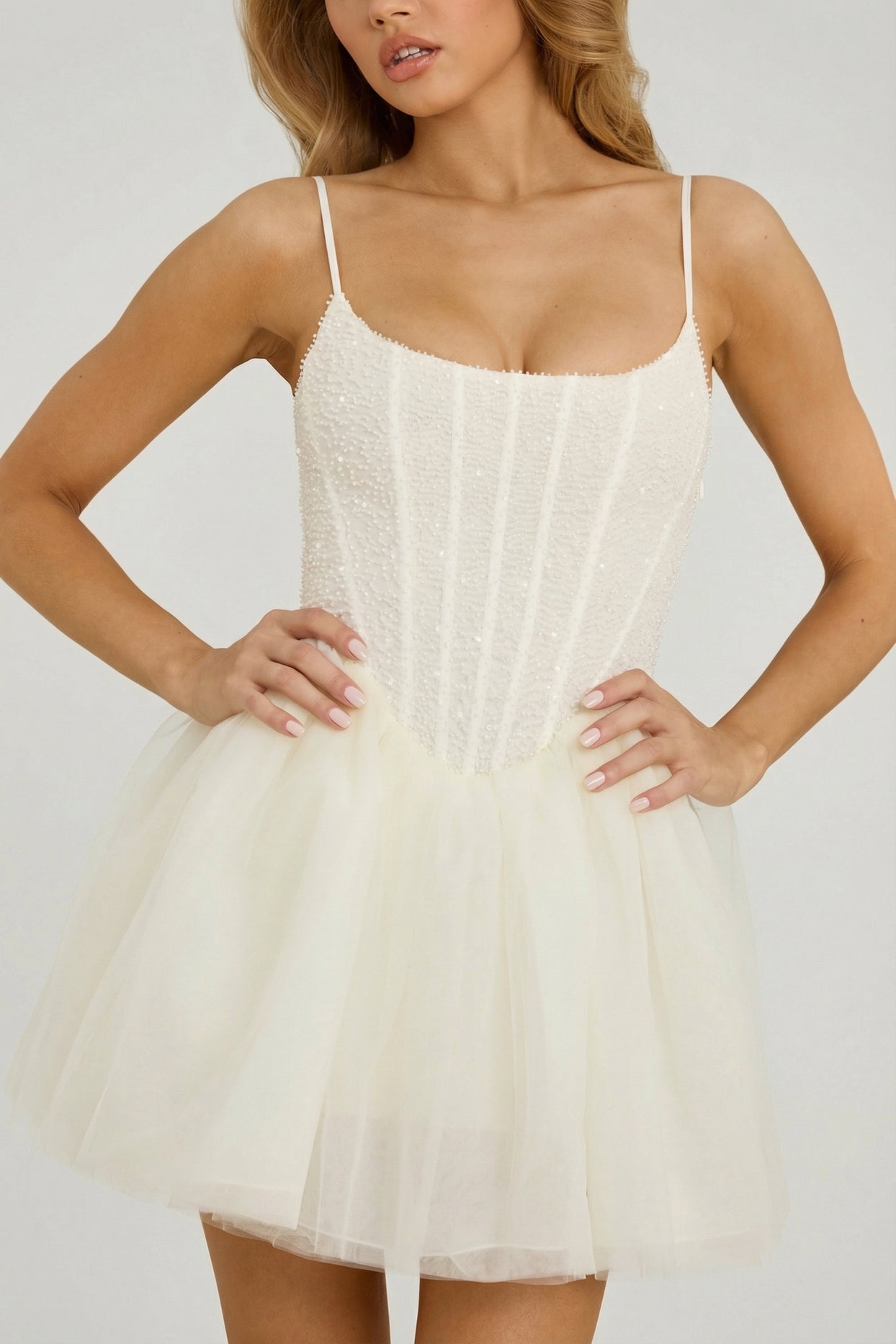 Embellished Corset Tulle Skirt Mini Dress in White - 3