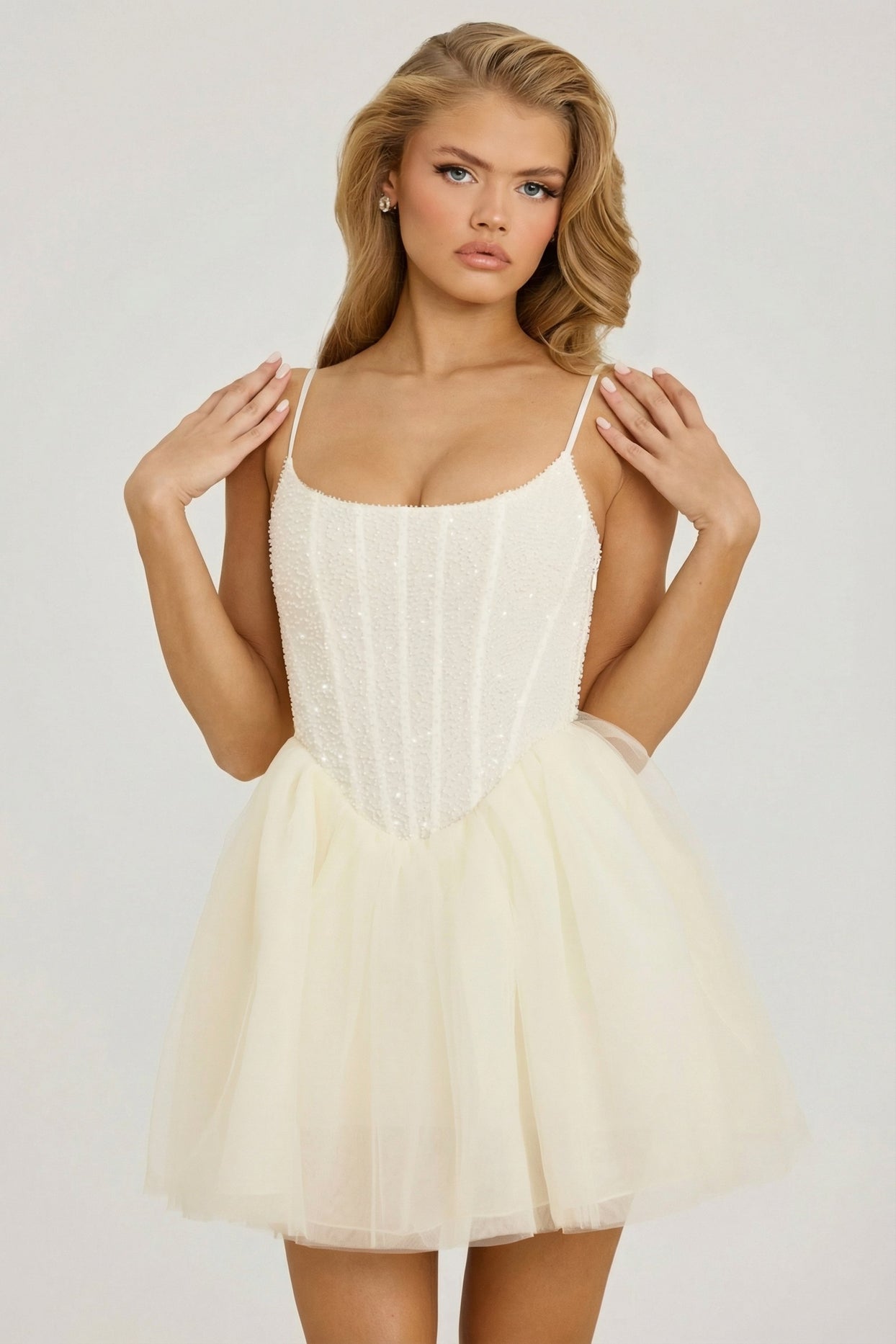 Embellished Corset Tulle Skirt Mini Dress in White - 6