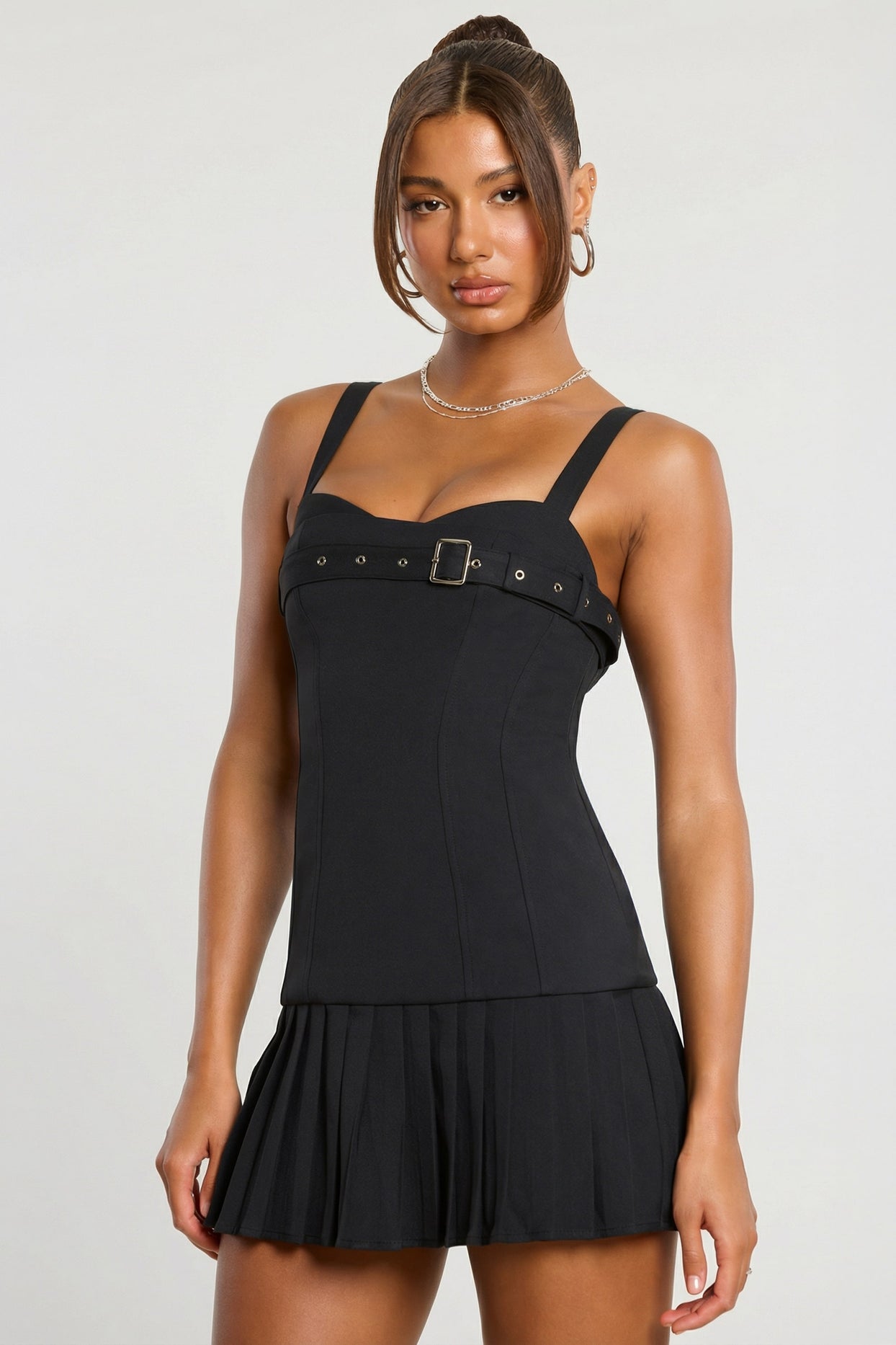 Brushed Twill Drop Waist Kilt Mini Dress in Black - 5